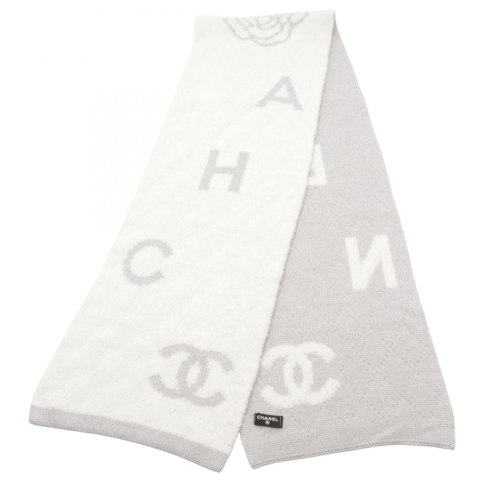 Chanel Wool Silk Cashmere Coco Mark Camellia Scarf 2120700209751 Brown White  ref.2290447
