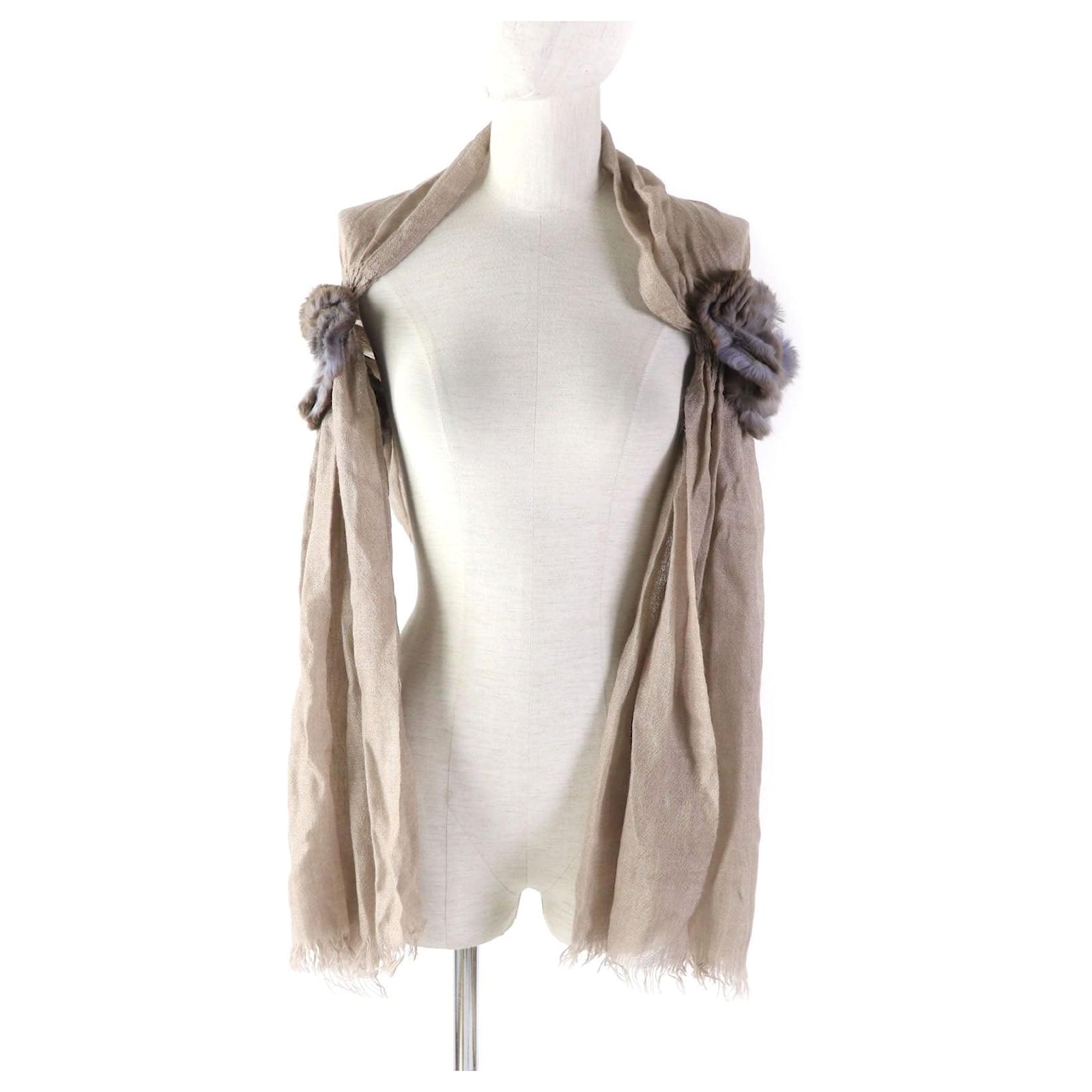 Fendi Cashmere Silk Flower Fringe Shawl Beige  ref.1693994