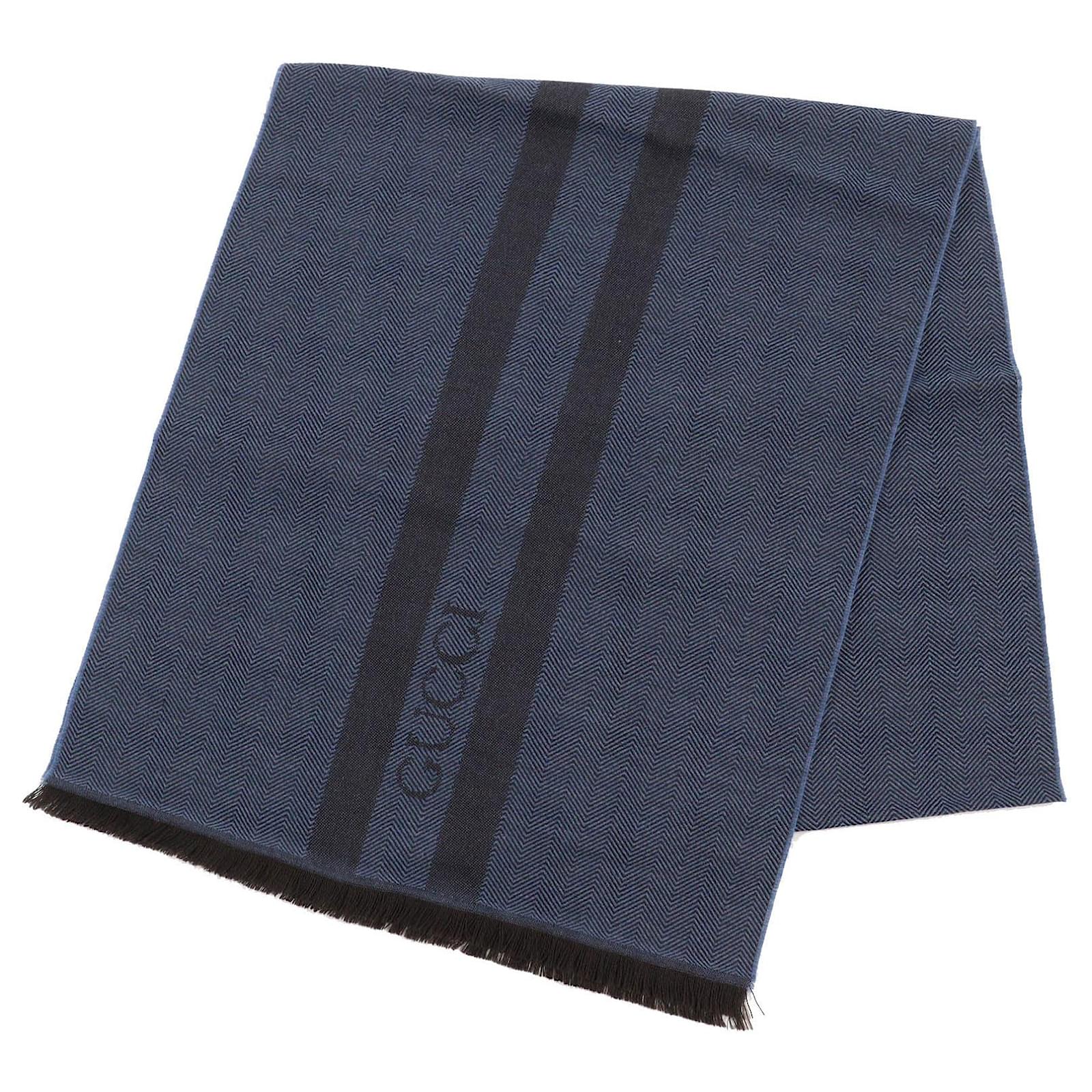 GUCCI Wool Herringbone Logo Scarf Blue Brown  ref.1800657