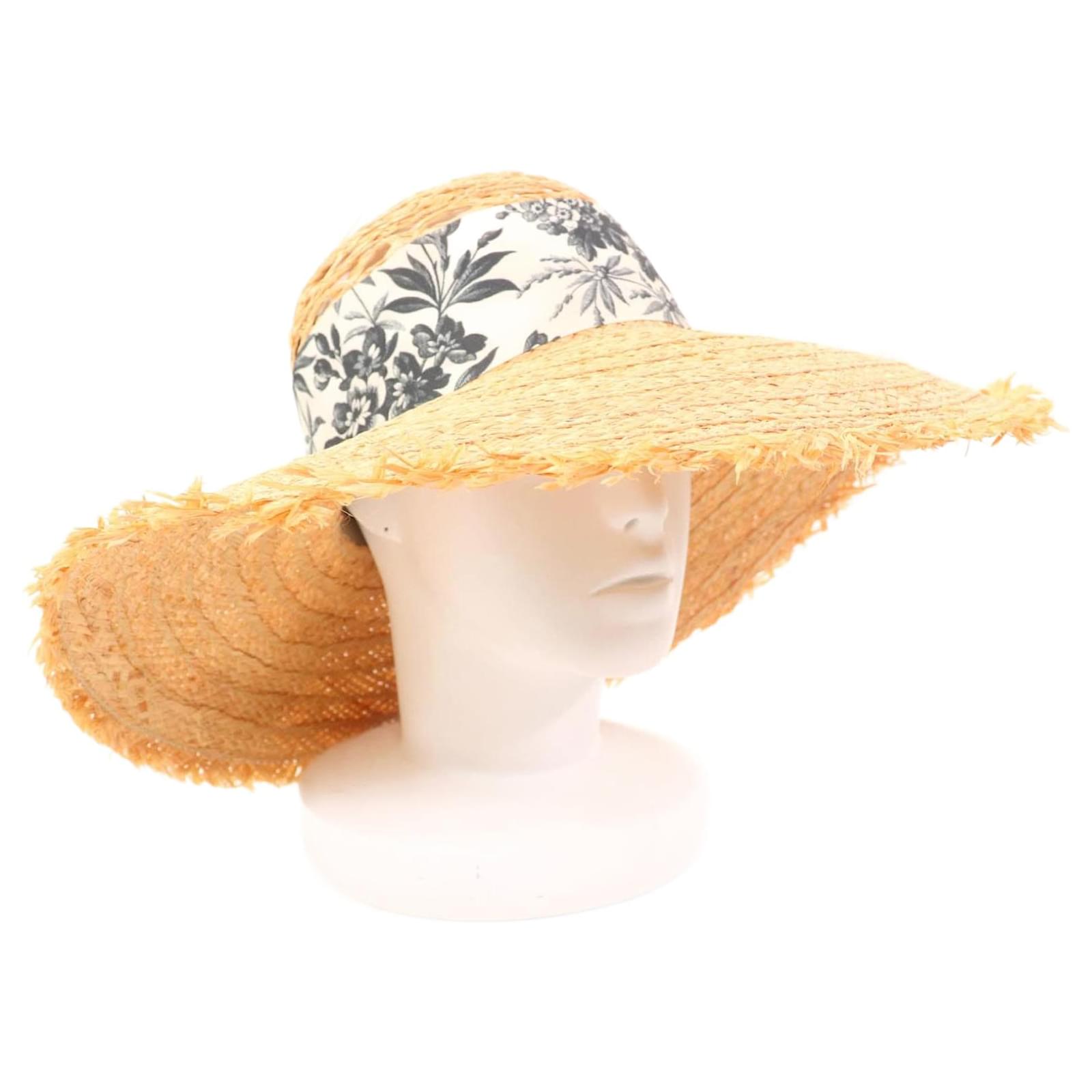 Gucci Floral logo print ribbon Raffia wide brim hat Brown Beige  ref.2326630