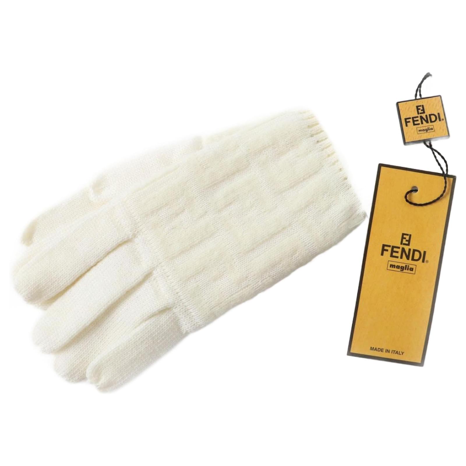 Fendi Wool Nylon Zucca Pattern Knit Gloves White Cream  ref.2324614
