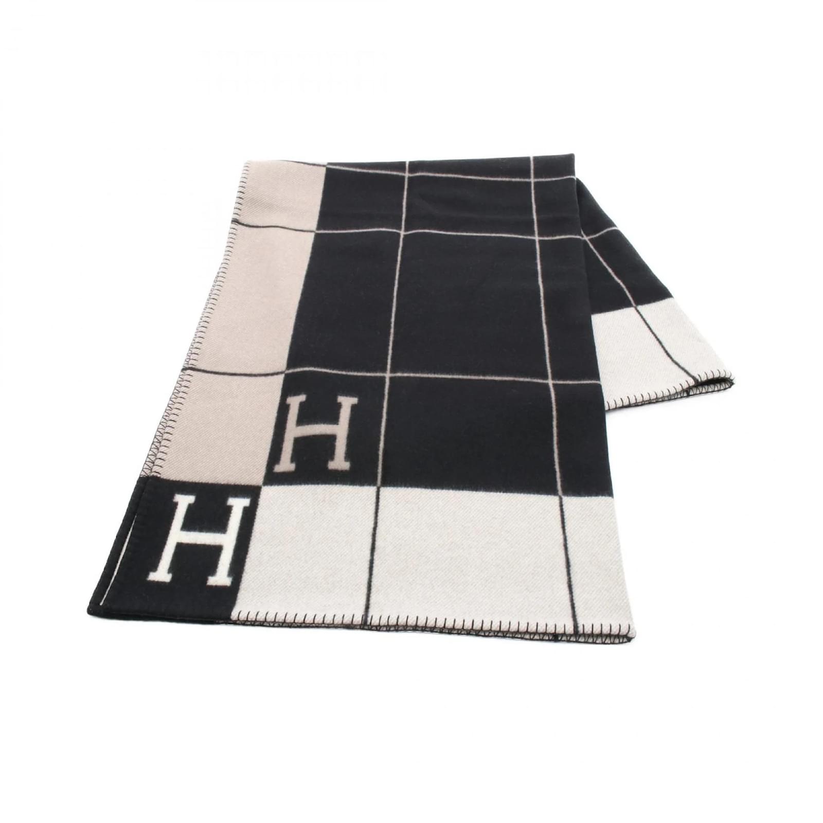 Hermès Hermes Plaid Avalon III Wool Cashmere Shawl Black White Beige  ref.2321175