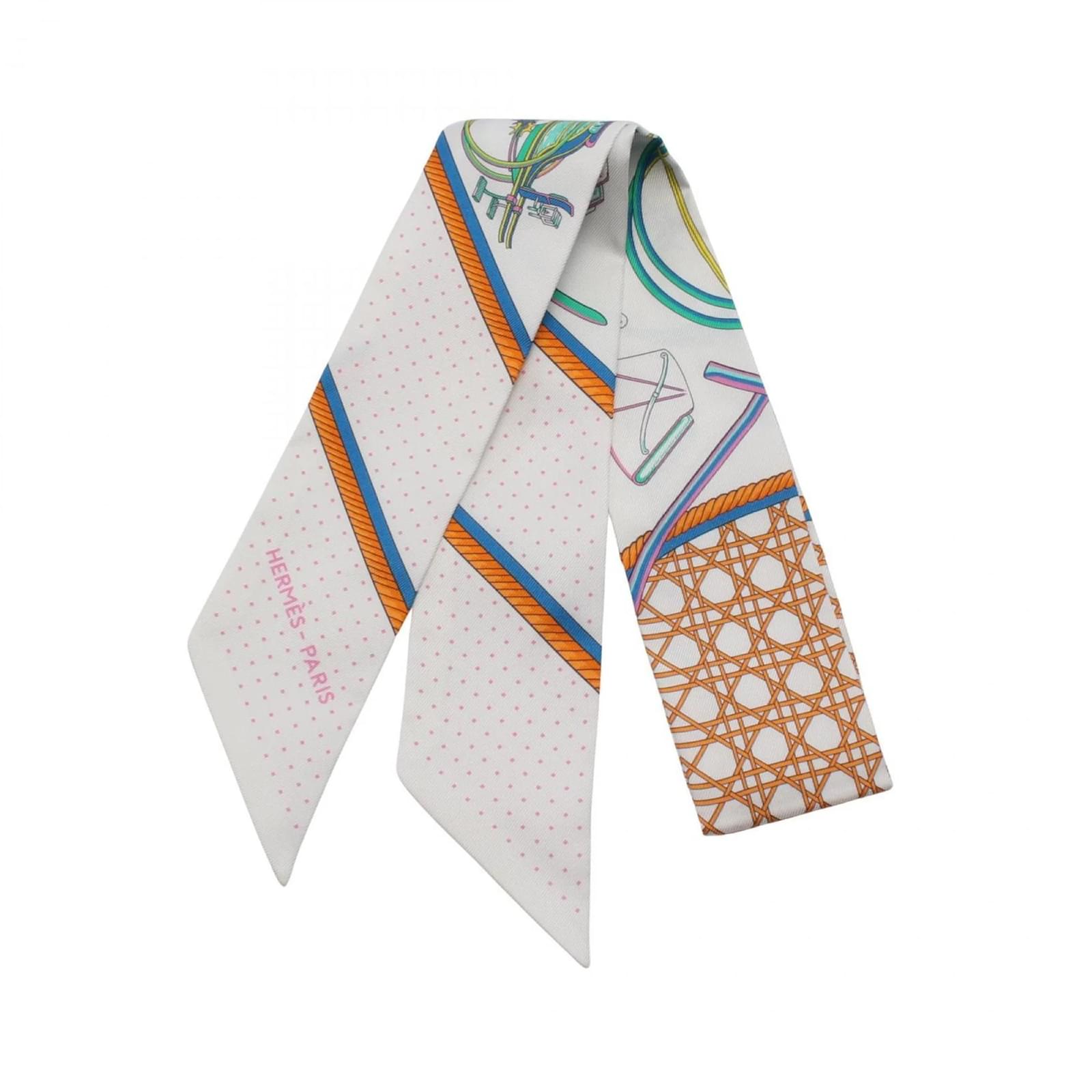 Hermès Hermes Twilly LES VOITURES A TRANSFORMATION Scarf White Multiple colors Silk  ref.2320986