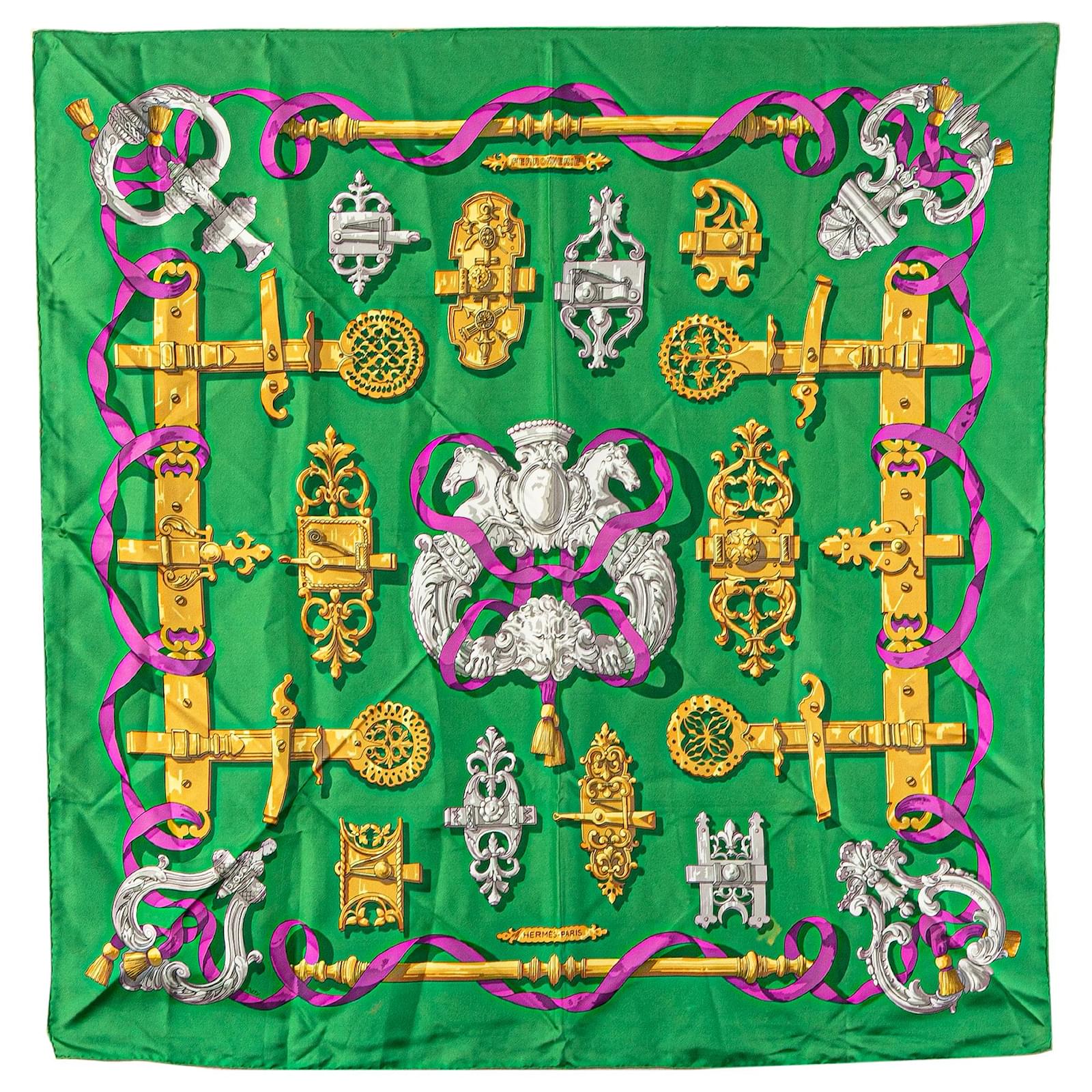 Hermès Green Ferronnerie Printed Silk Scarf Cloth  ref.2320554