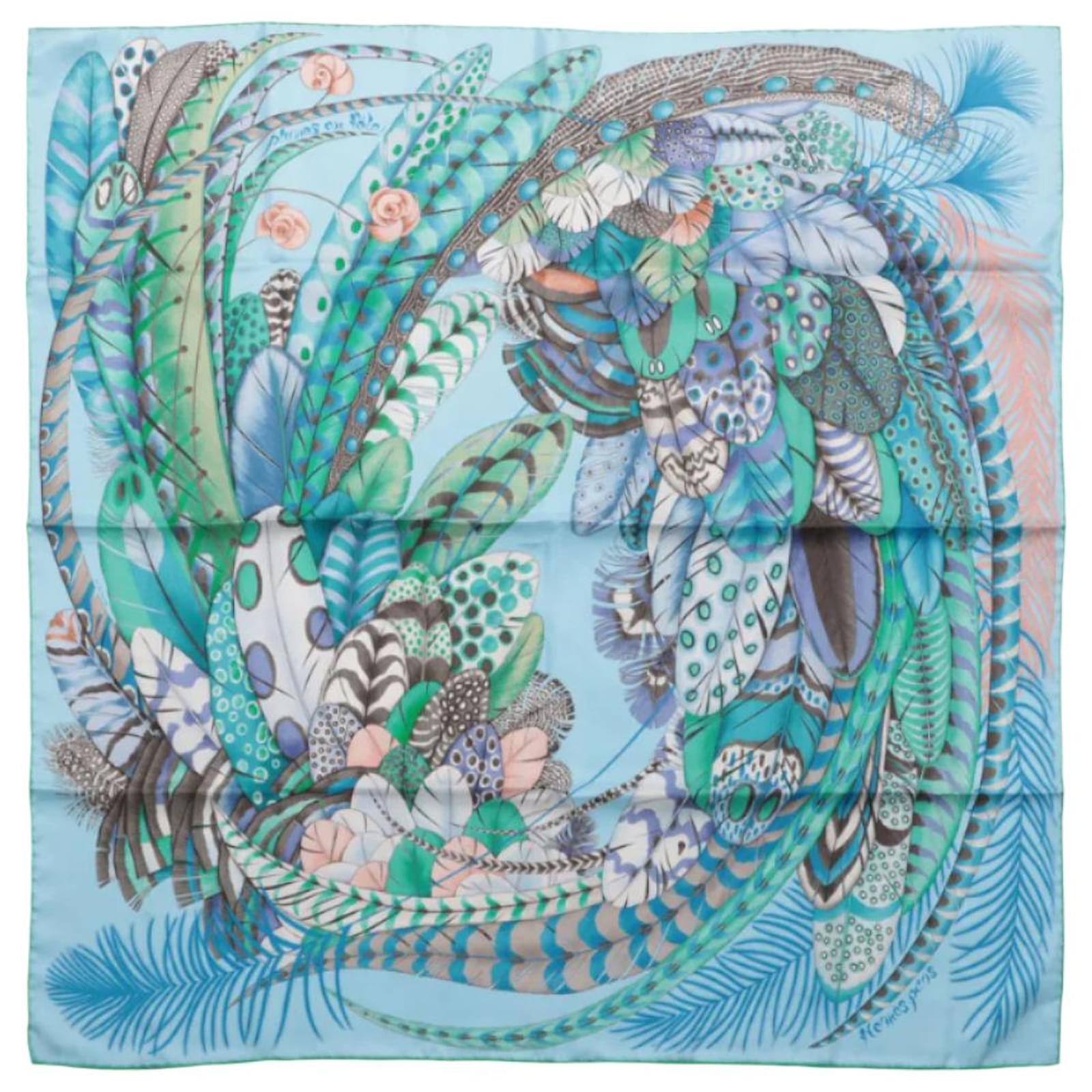 Hermès Carré 90 "PLUMES EN FETE" 100% Silk Scarf in Blue  ref.2320082