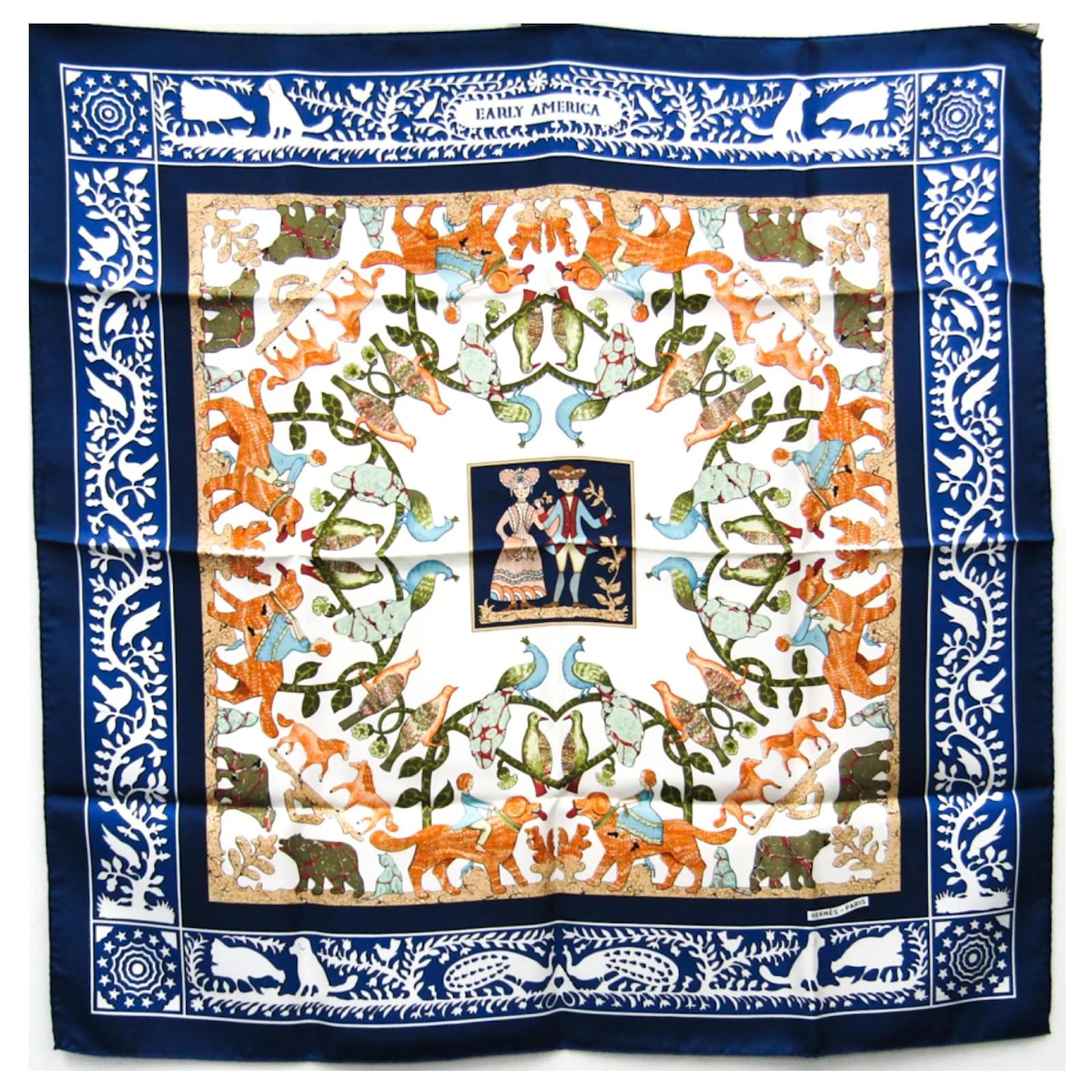Hermès Carré 90 "EARLY AMERICA" 100% Silk Scarf in Navy Navy blue  ref.2319876