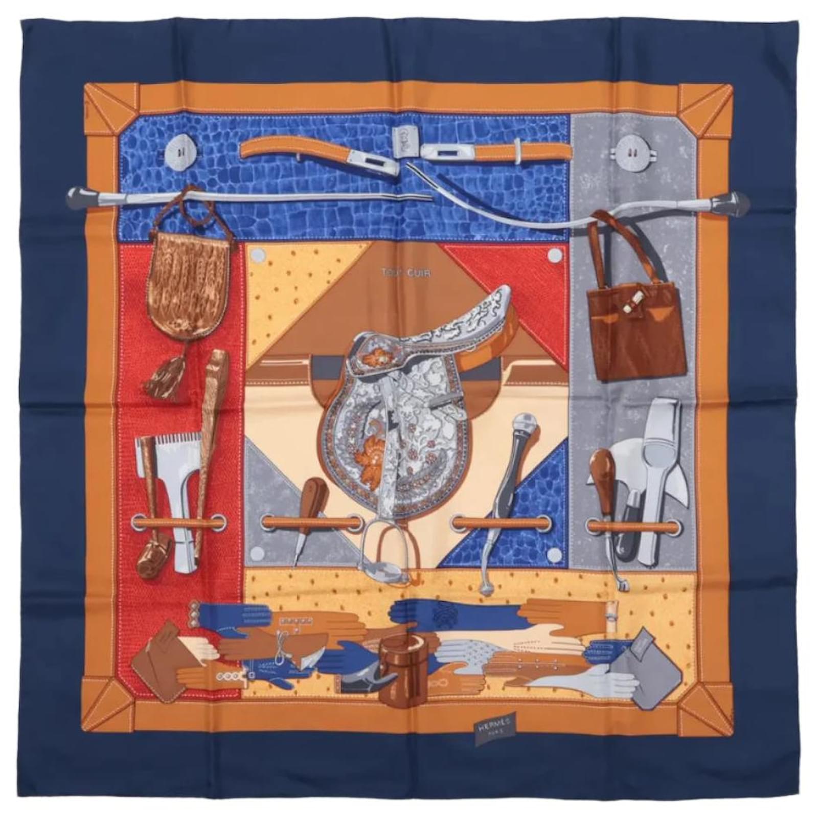 Hermès Carré 90 "TOUT CUIR" 100% Silk Scarf in Navy Blue  ref.2319849
