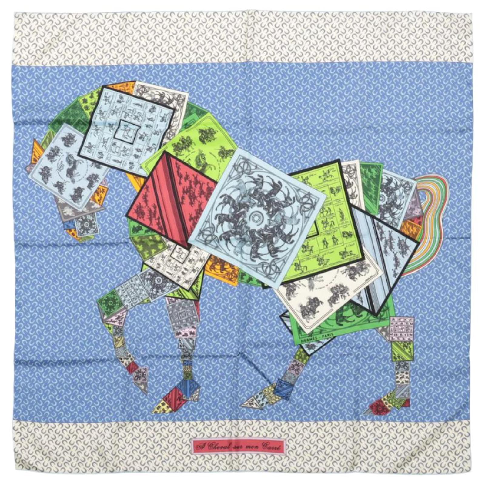 Hermès Carré 90 "À Cheval Sur Mon Carré" 100% Silk Scarf in Blue  ref.2319821