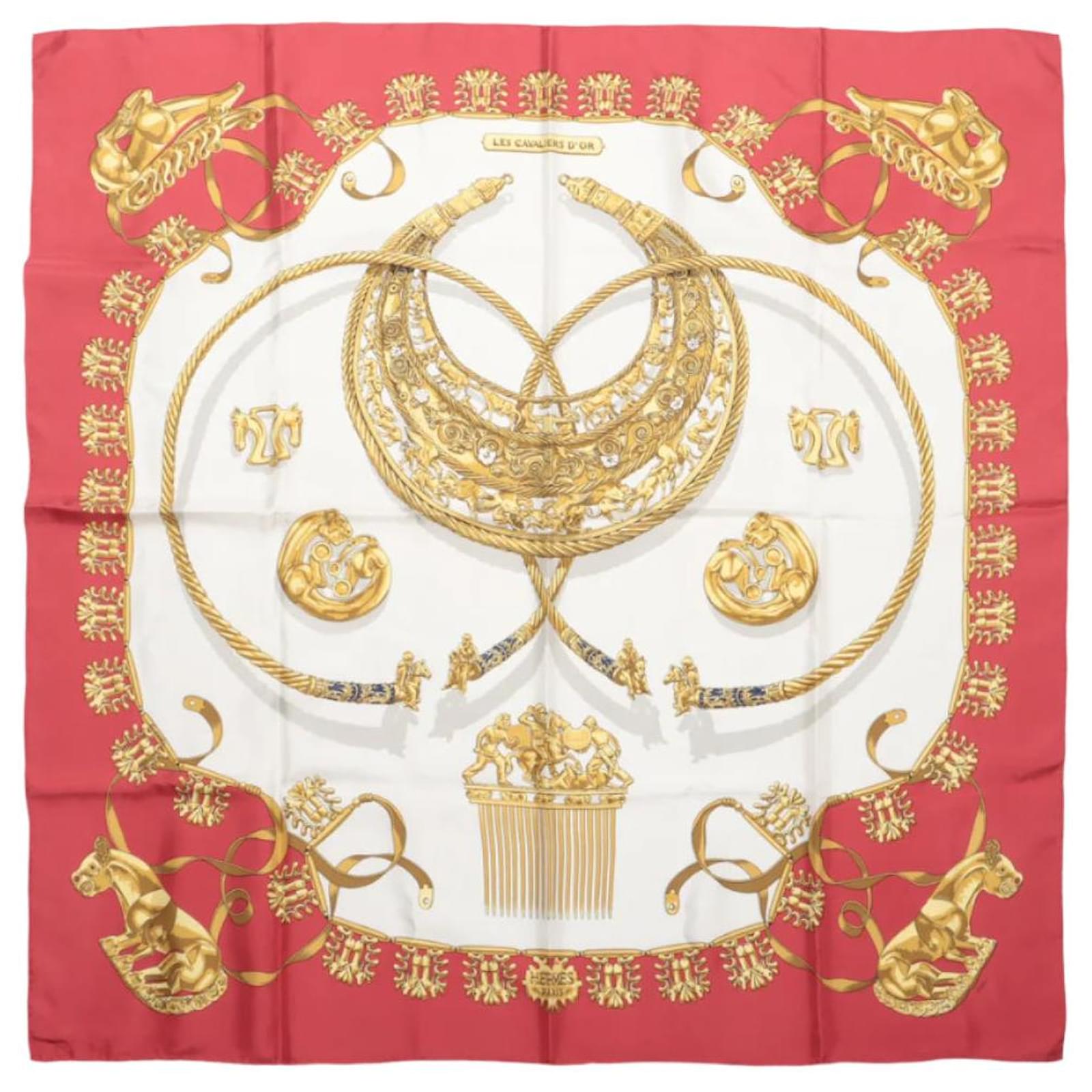 Hermès Carré 90 "LES CAVALIERS D'OR" 100% Silk Scarf in Red  ref.2319742
