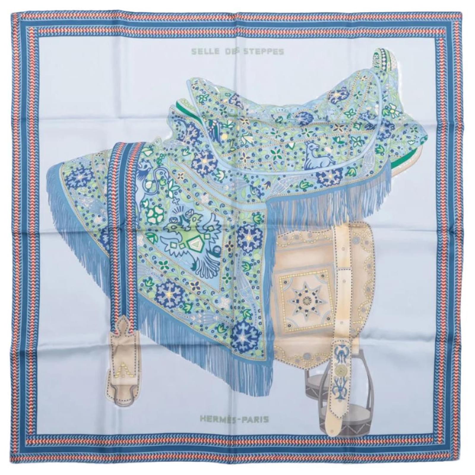 Hermès Carré 90 "Selle des Steppes" 100% Silk Scarf in Blue  ref.2319605