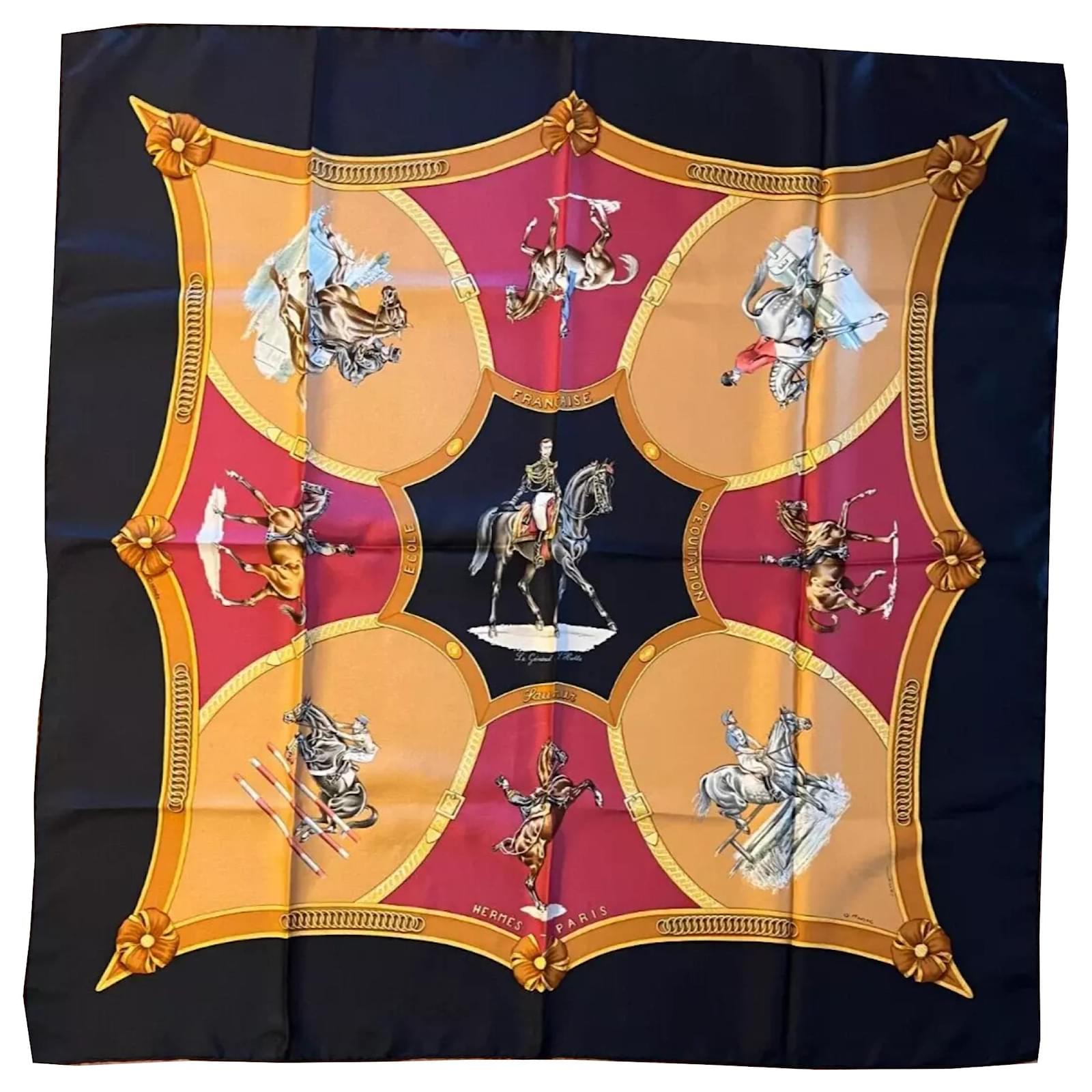 Hermès Carré 90 "FRENCH RIDING SCHOOL" 100% Silk Scarf in Red x Black  ref.2319584