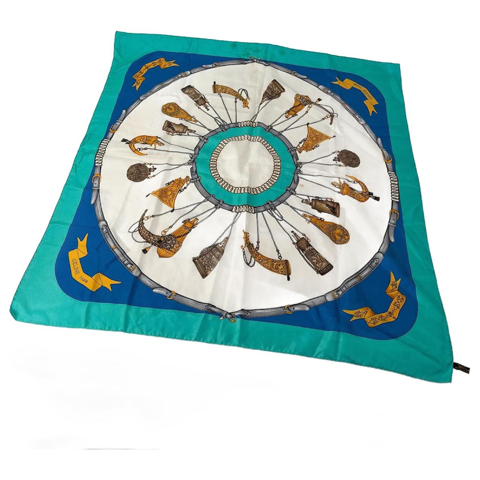 Céline Vintage Celine Silk Scarf Turquoise Blue white Multiple colors  ref.2319342