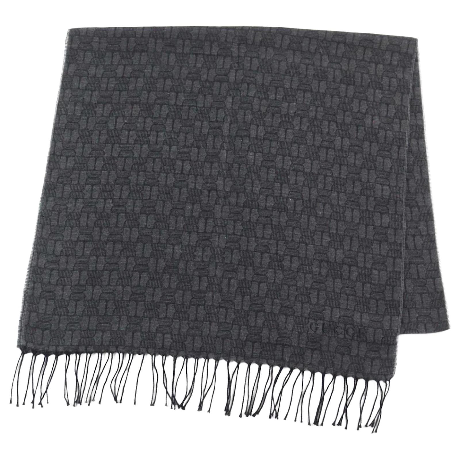 GUCCI Cashmere Silk Logo Fringe Scarf Gray Brown  ref.2317809