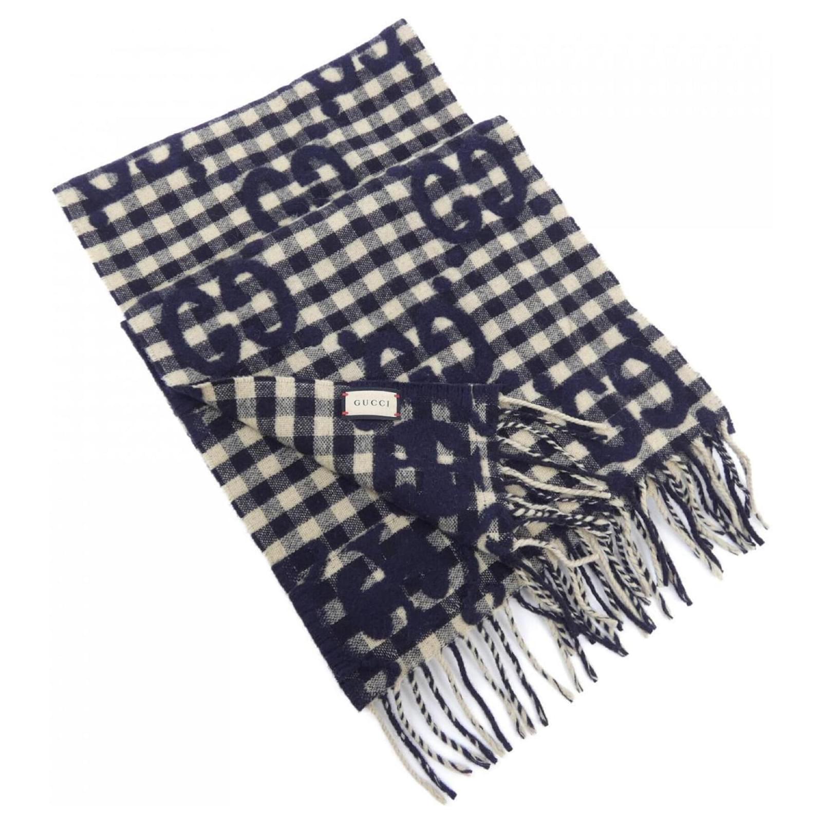 GUCCI Beige and Navy Shawl Scarf Navy blue  ref.2313244