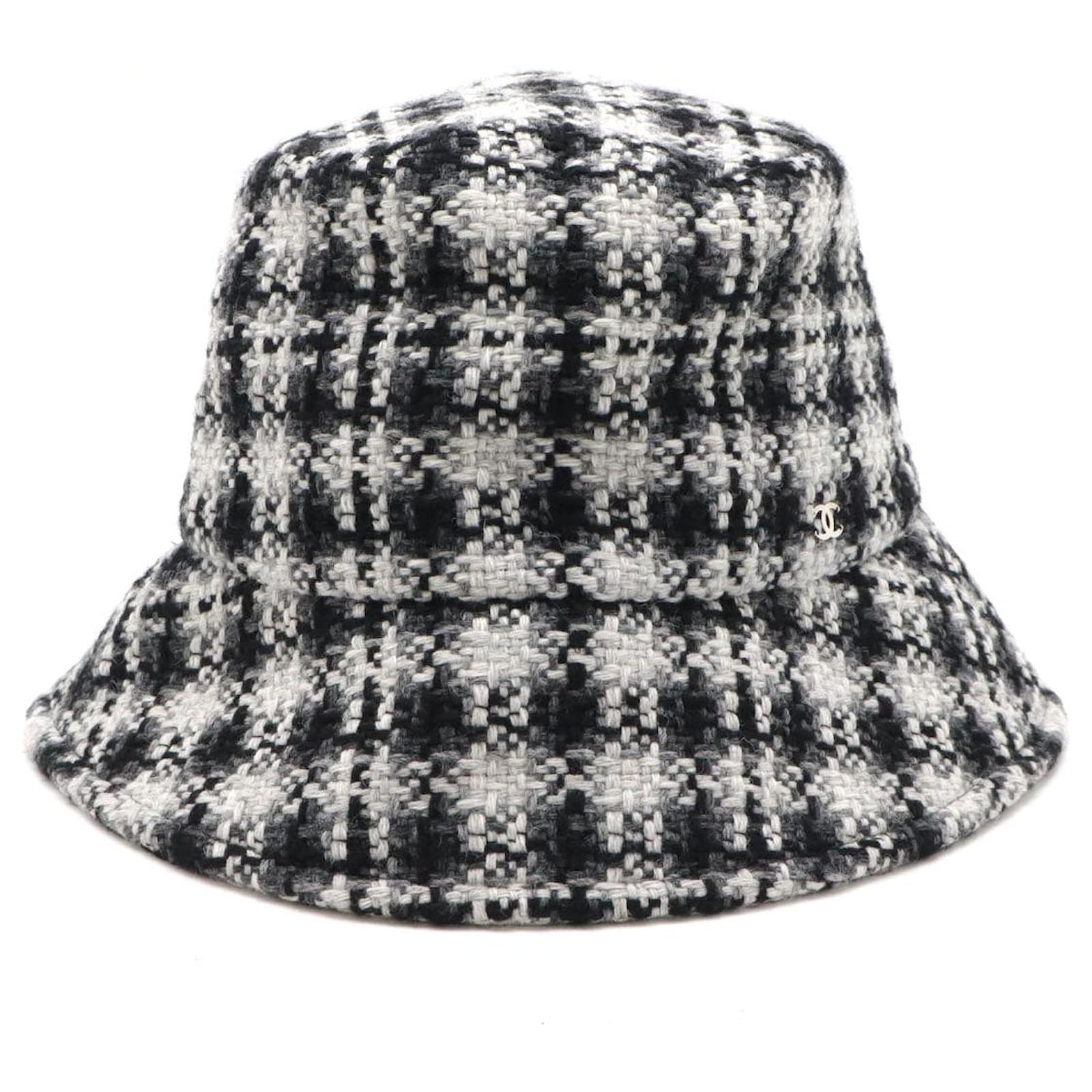 Chanel Tweed Coco Mark Bucket Hat Wool Hat Black White Grey Polyester Viscose Polyamide  ref.2310587