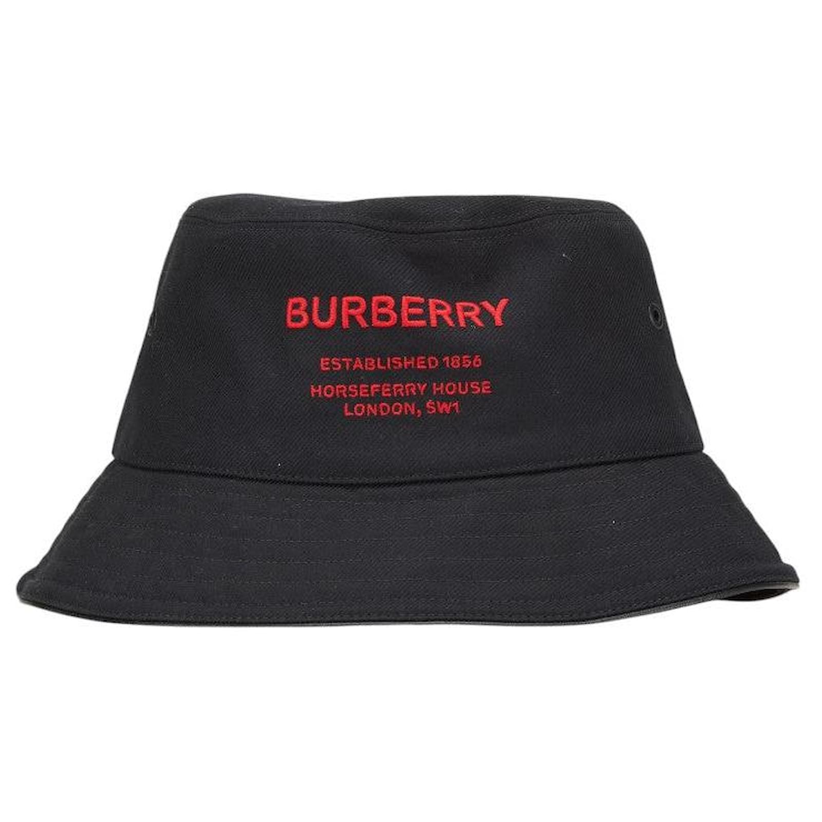 Burberry Cotton Leather Logo Bucket Hat Hat Black Red  ref.2302153