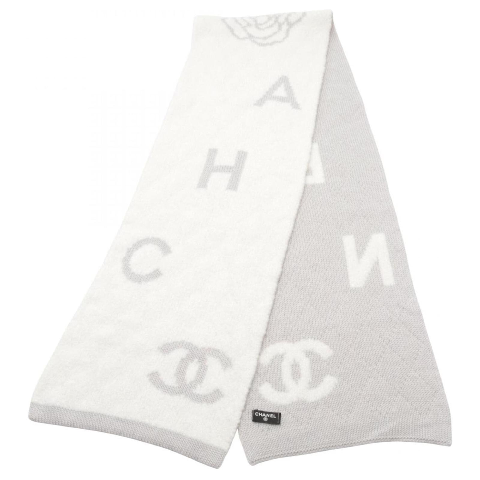 Chanel Coco Mark Camellia Scarf Brown White Silk Cashmere Wool  ref.2301092