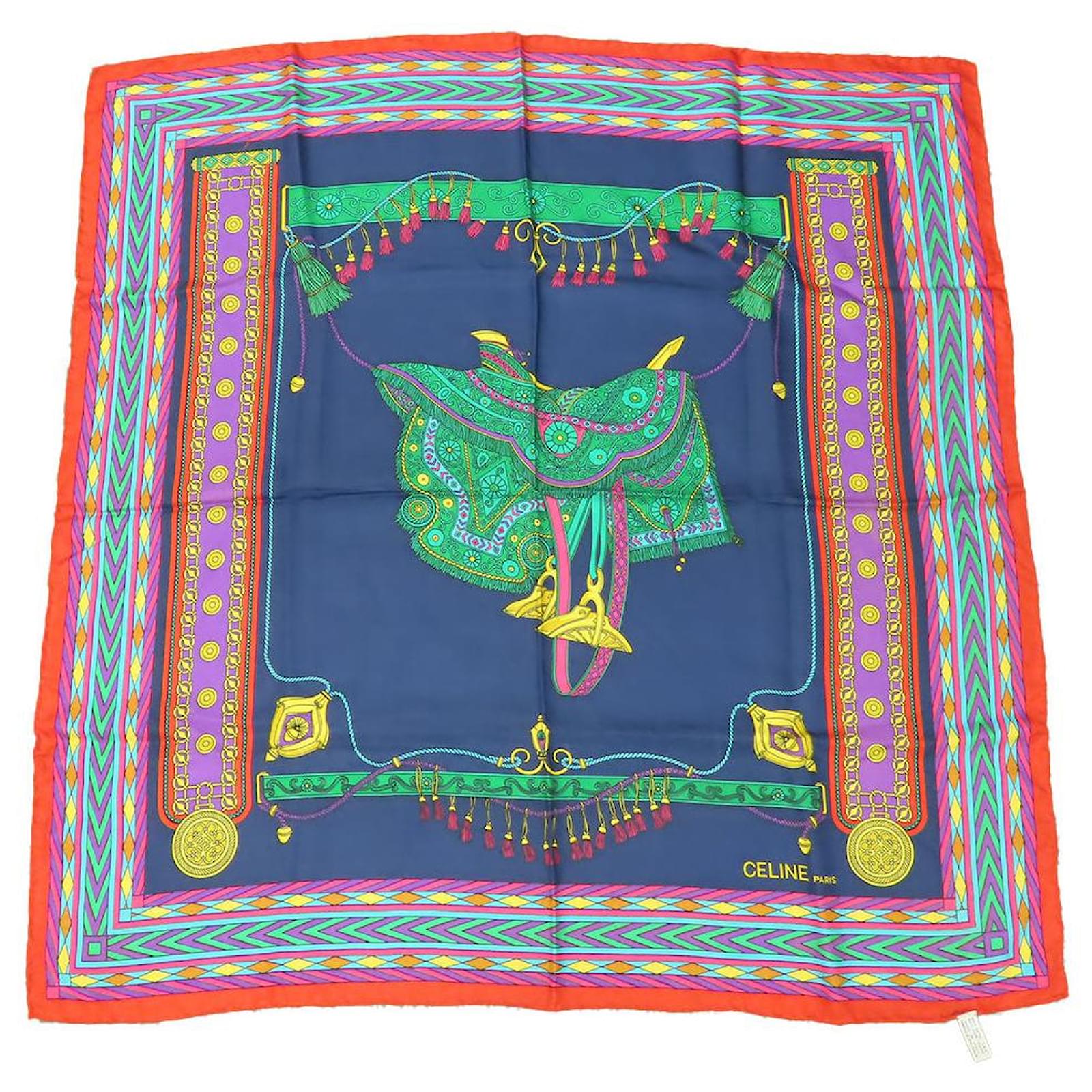 Céline Celine Silk Scarf Navy Green Multiple colors Navy blue Cloth  ref.2298505