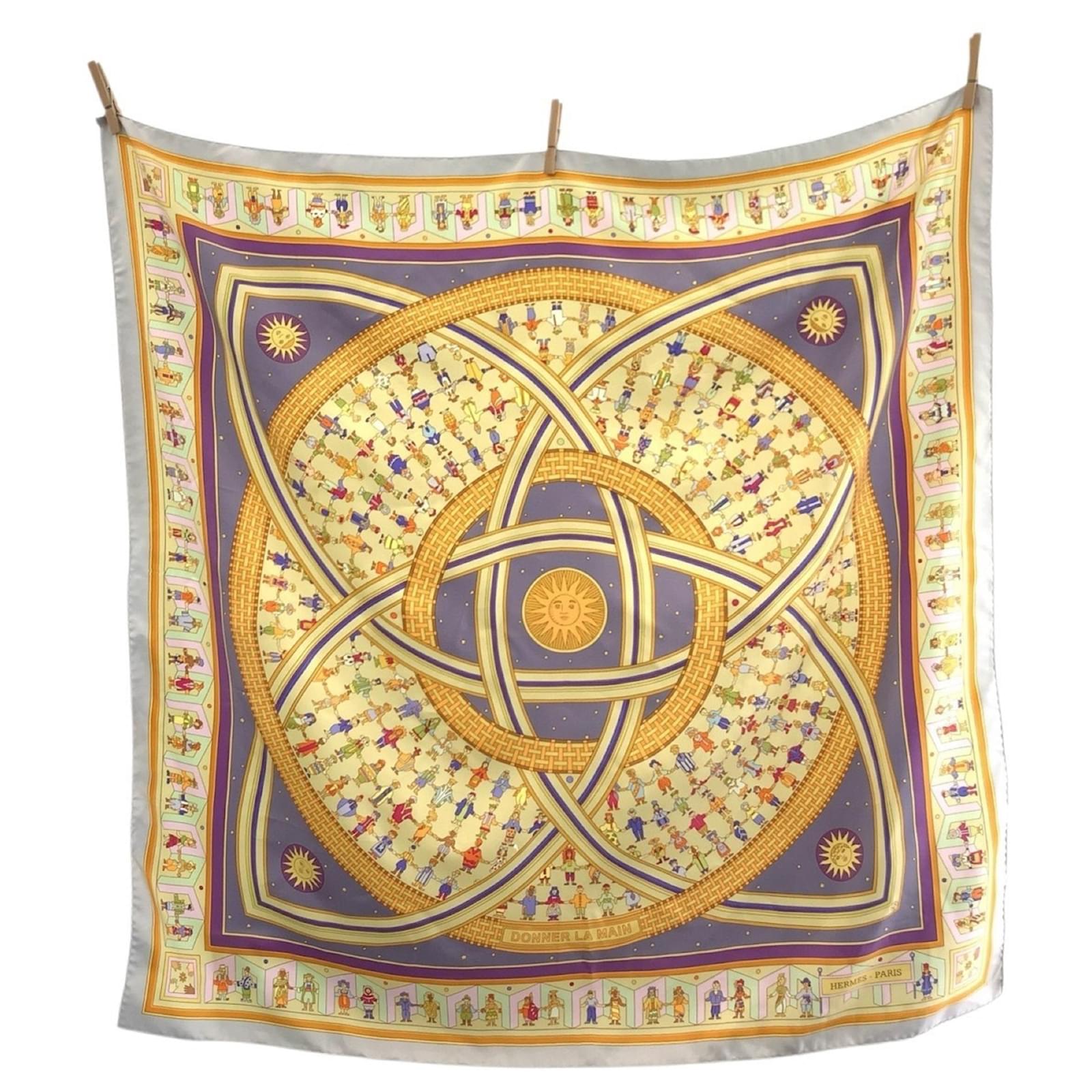 Hermès Hermes Donner La Main Carre 90 Silk Scarf Blue Beige  ref.2293515