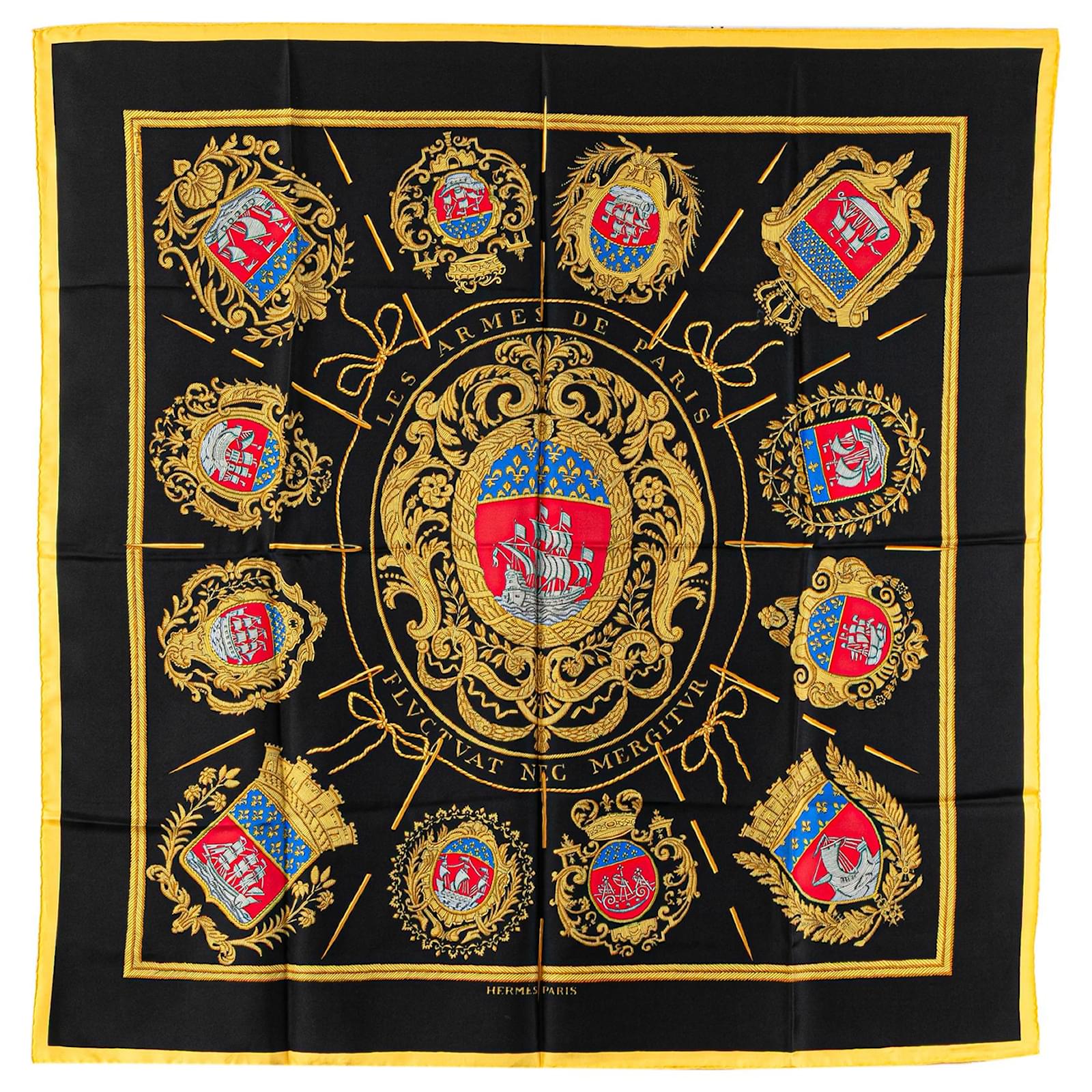 Hermès Black Les Armes de Paris Silk Scarf Multiple colors Cloth  ref.2293133