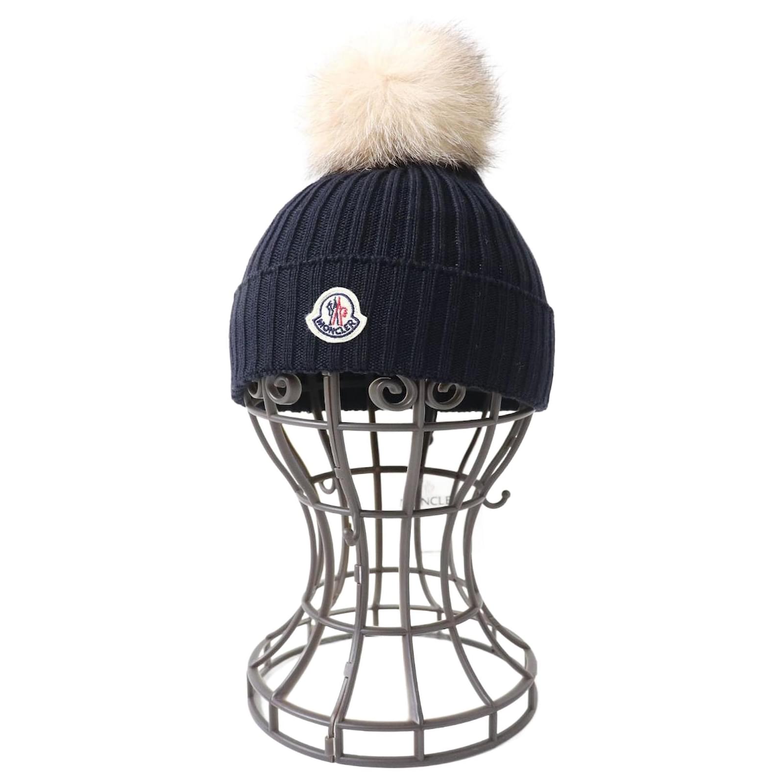 Moncler BERRETTO Wool Fox Fur Knit Hat Navy blue  ref.1686797