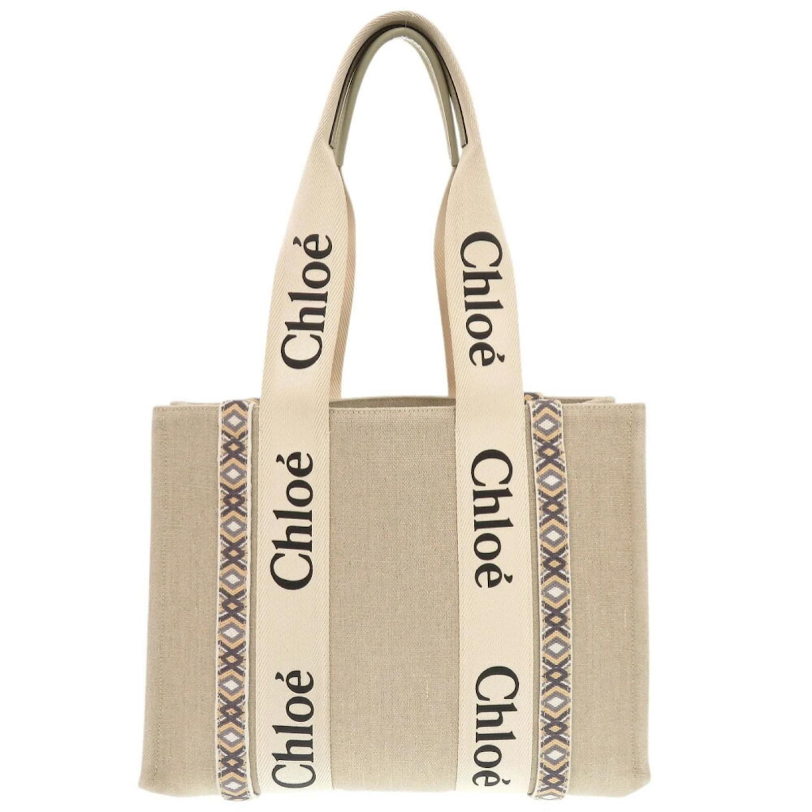 Chloé WOODY Medium Leather Linen Canvas Tote Bag Beige Cloth  ref.2324897
