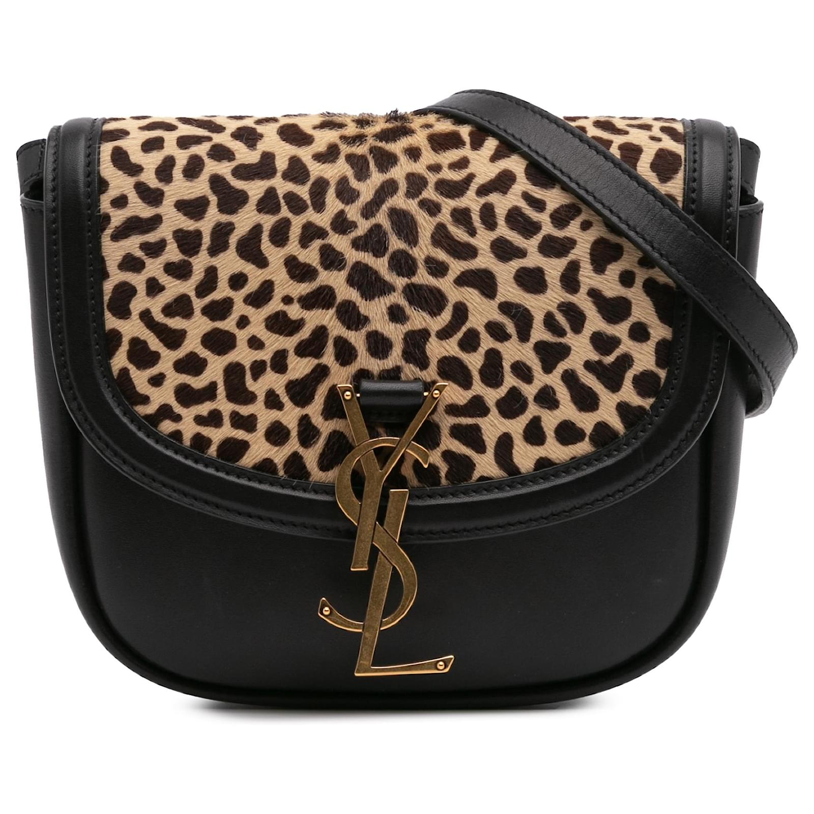 Saint Laurent Black Small Calfskin and Pony Hair Leopard Print Kaia Crossbody Leather Fur Pony-style calfskin  ref.2324435