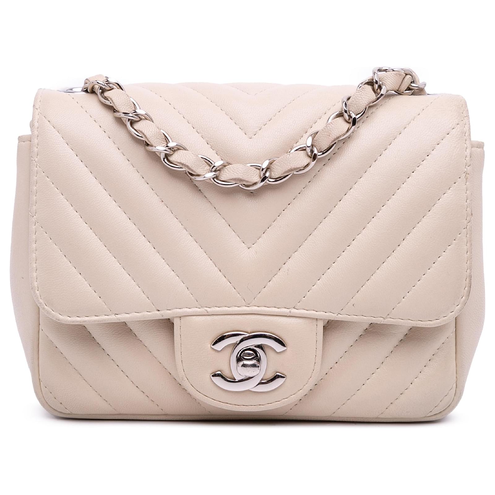Chanel White Mini Square Classic Chevron Lambskin Single Flap Cream Leather  ref.2324378