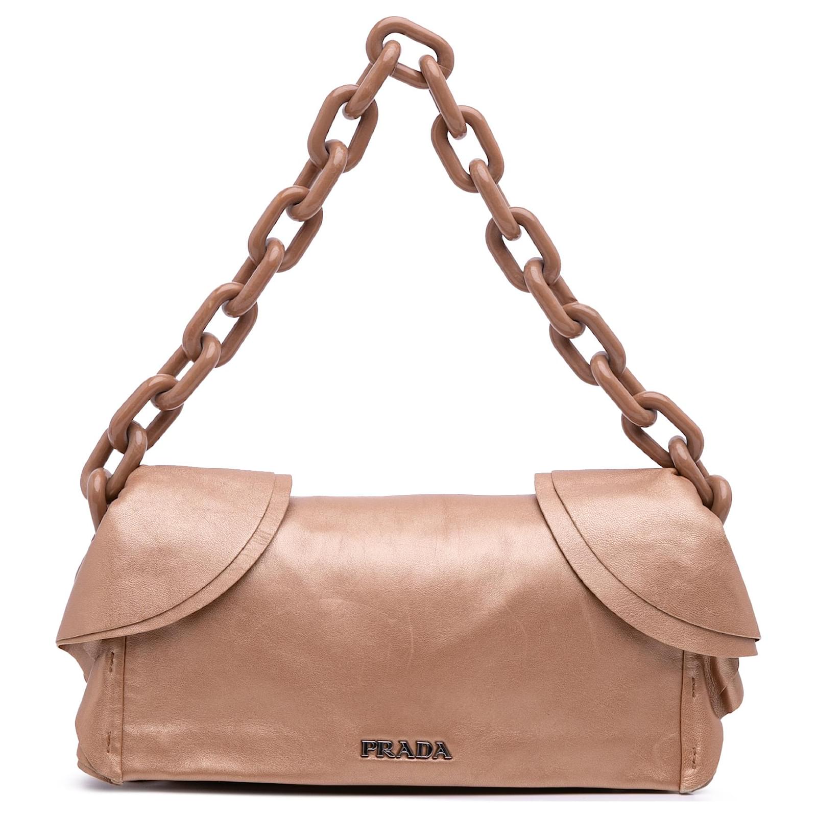 Prada Brown Nappa Ruffle Resin Chain Shoulder Bag Beige Leather  ref.2324375