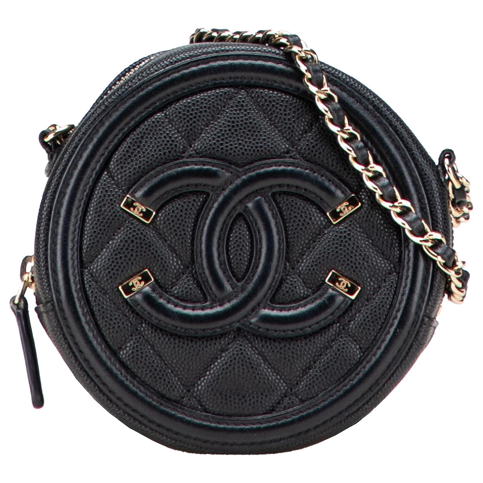 Chanel Black Caviar CC Filigree Round Clutch with Chain Leather  ref.2324369