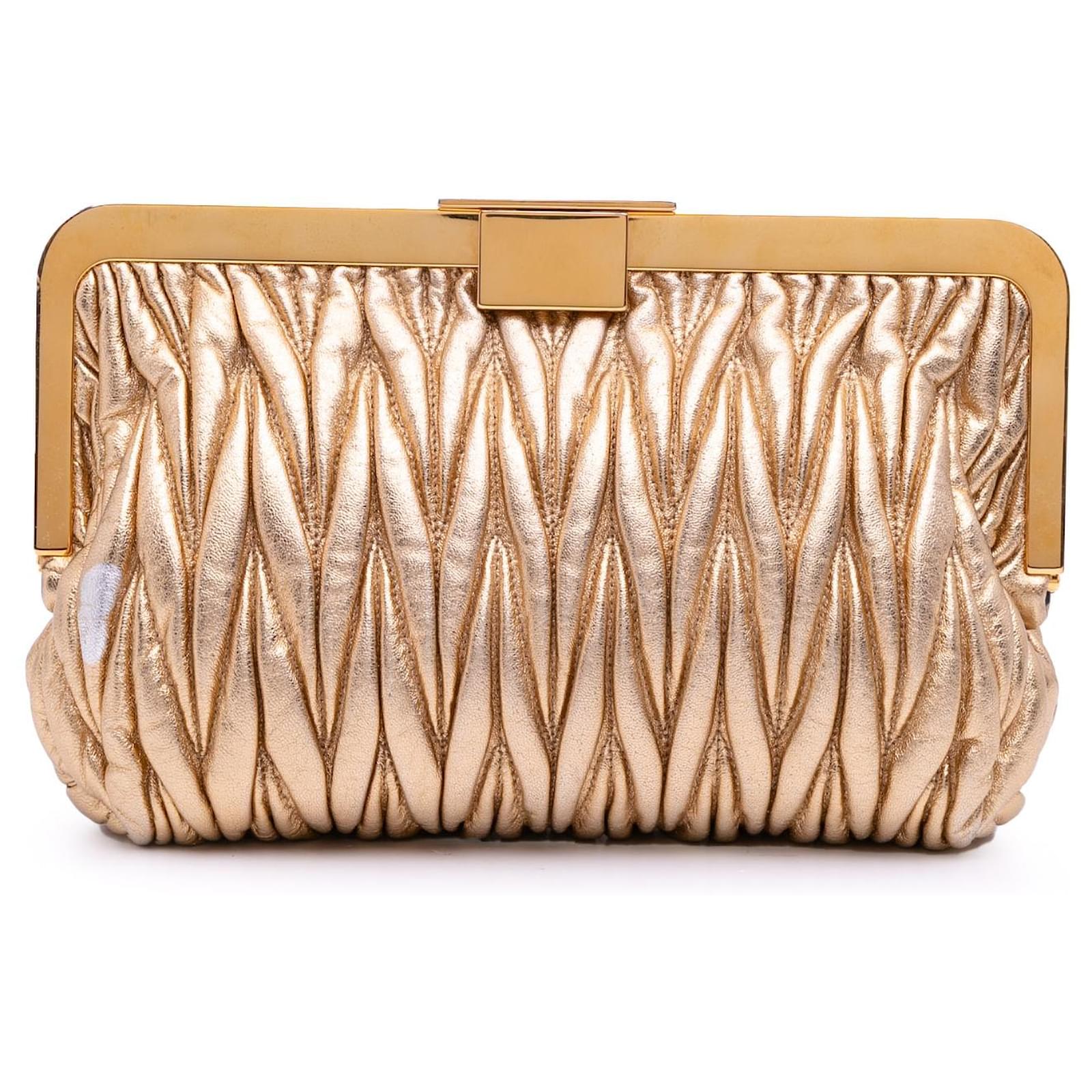 Miu Miu Gold Metallic Matelasse Nappa Frame Clutch Golden Leather  ref.2324366