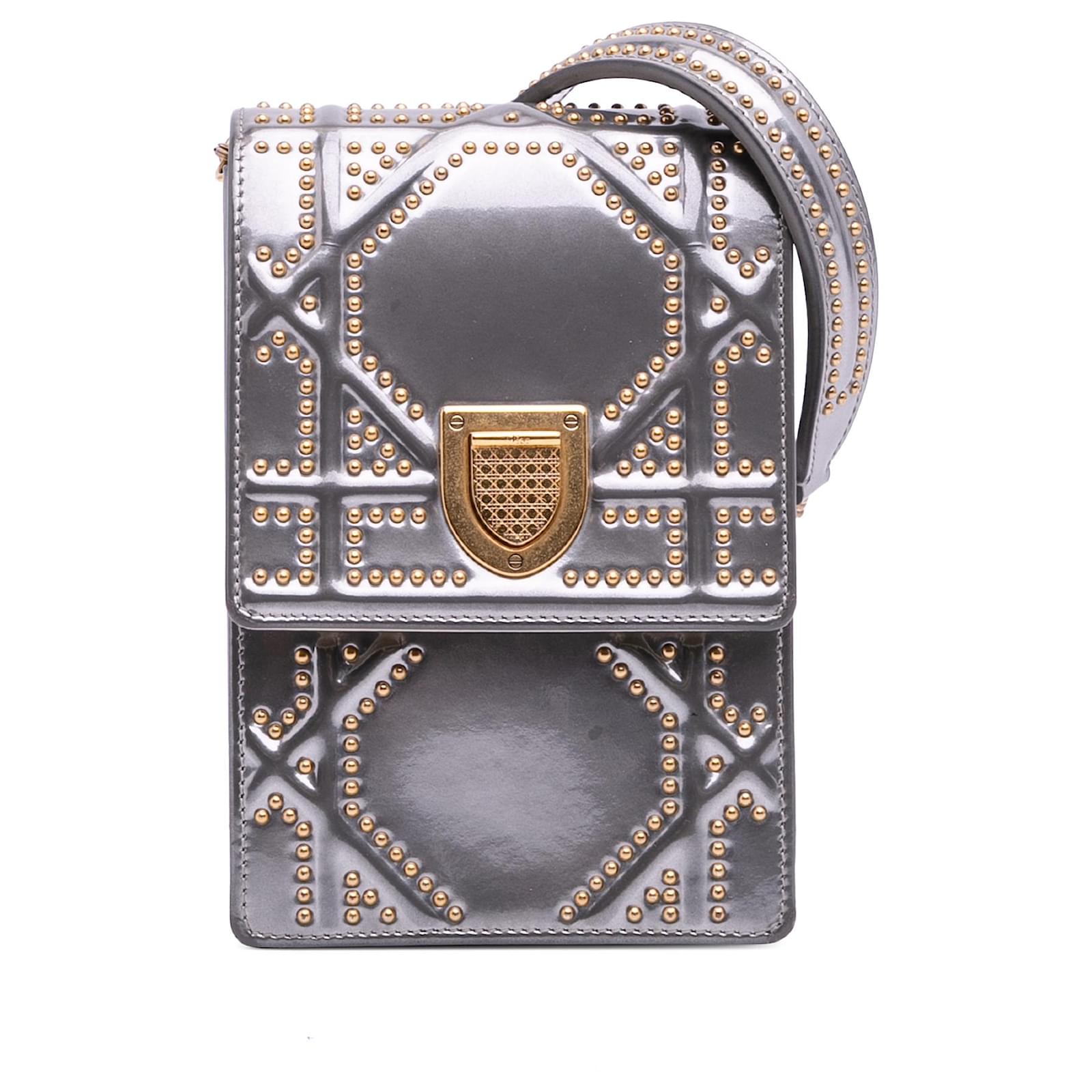 Dior Silver Metallic Studded Calfskin Vertical Diorama Silvery Leather Pony-style calfskin  ref.2324355