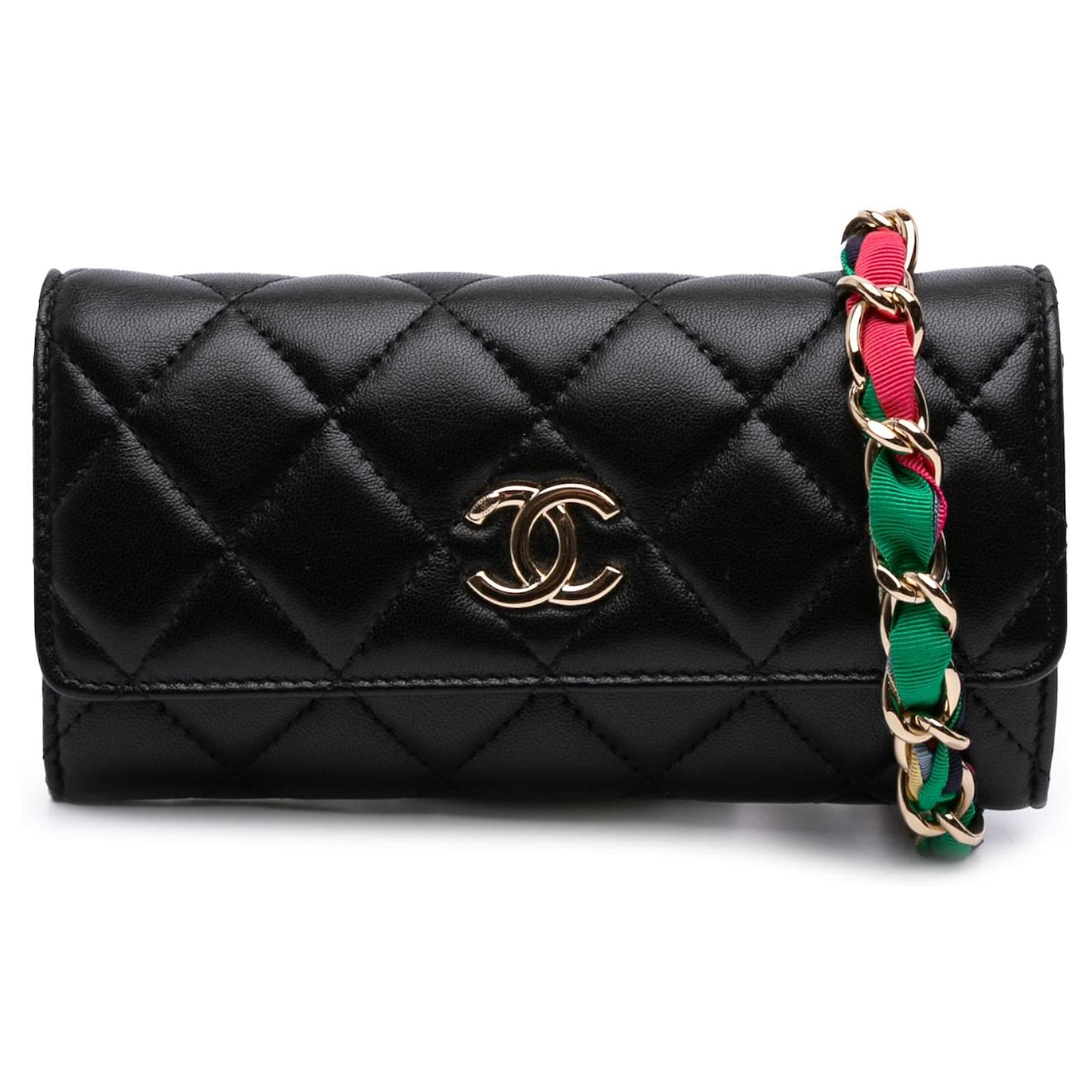 Chanel Black CC Quilted Shiny Lambskin Ribbon Long Clutch on Chain Leather  ref.2324350