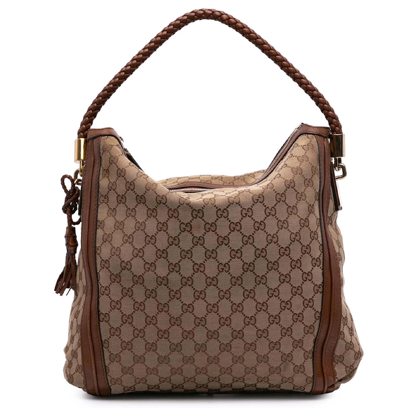 Gucci Brown Large GG Canvas Bella Tote Beige Leather Cloth Pony-style calfskin Cloth  ref.2324329