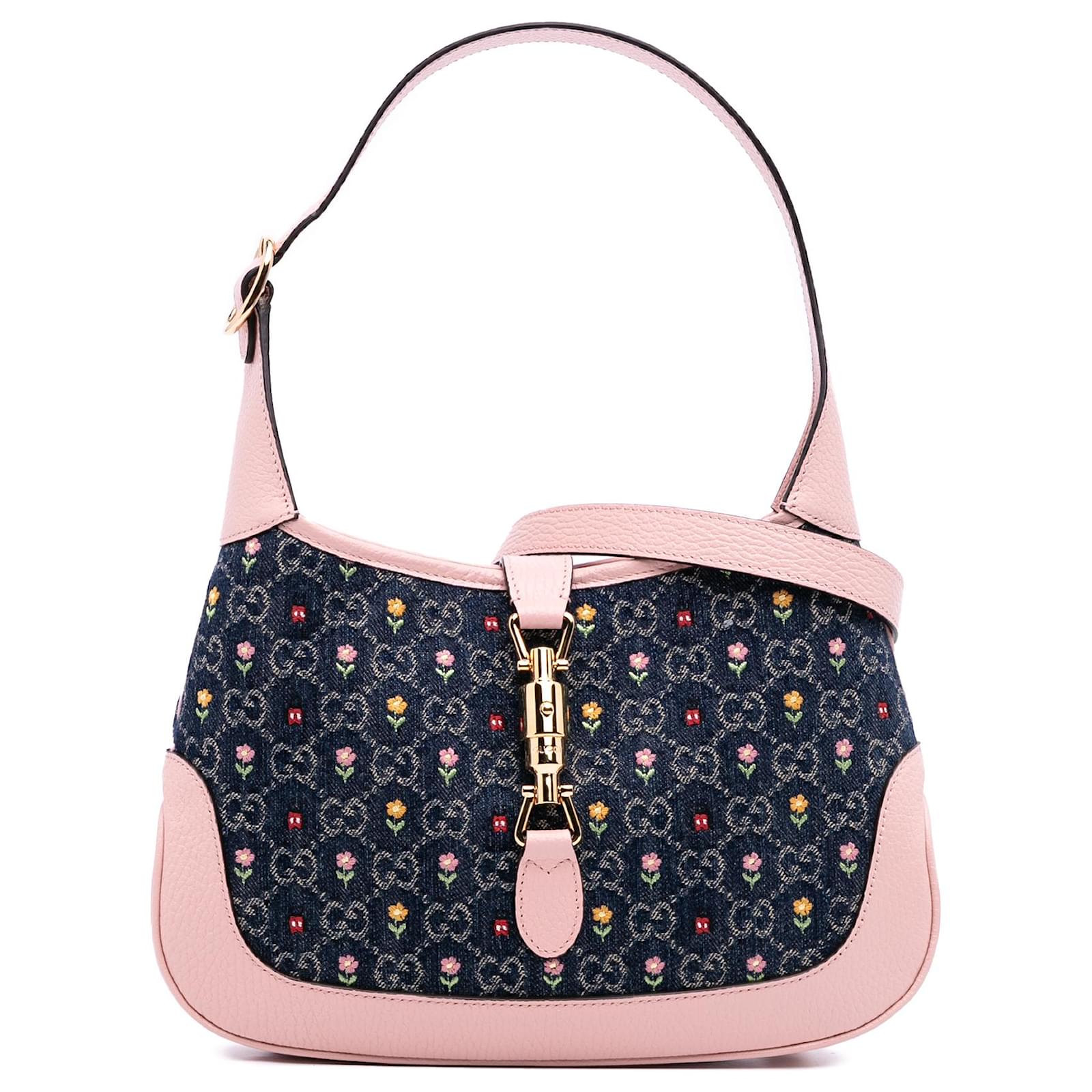 Gucci Blue Limited Edition Small GG Embroidered Denim Floral Jackie 1961 Crossbody Pony-style calfskin Cloth  ref.2324325