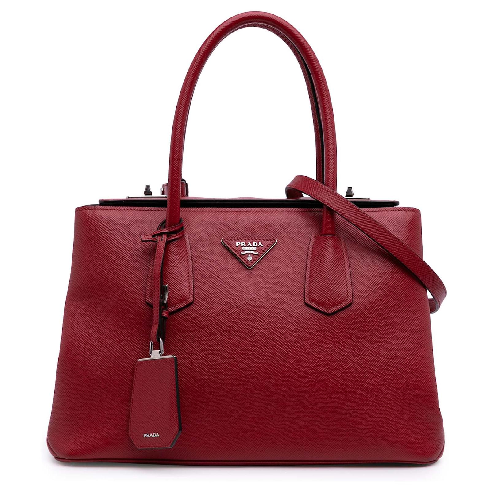 Prada Red Saffiano Cuir Turnlock Twin Satchel Dark red Leather  ref.2324315