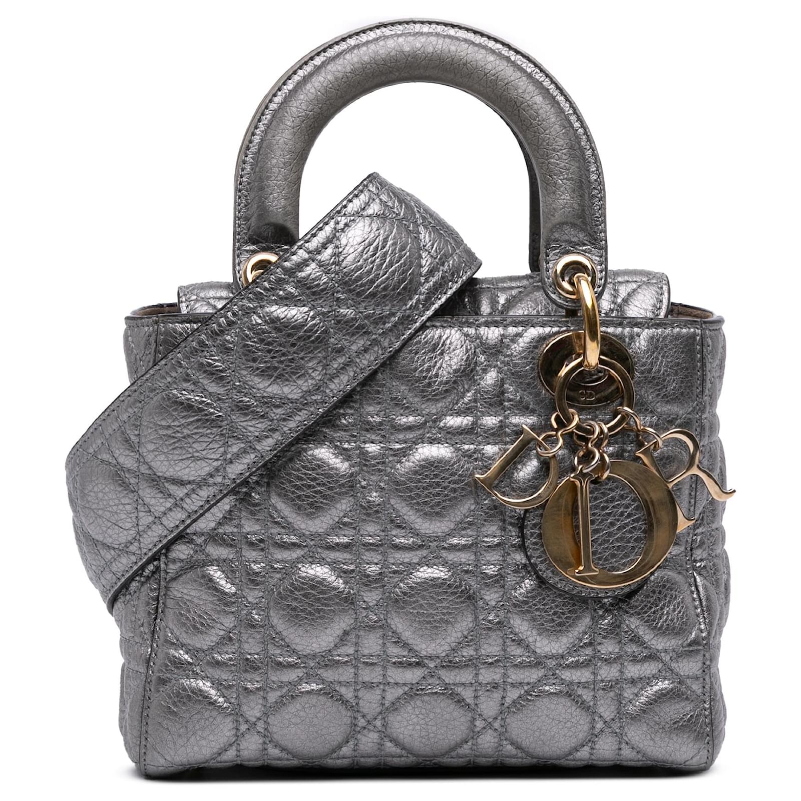 Dior Silver Small Metallic Grained Calfskin Cannage Supple Lady Dior Silvery Leather Pony-style calfskin  ref.2324300