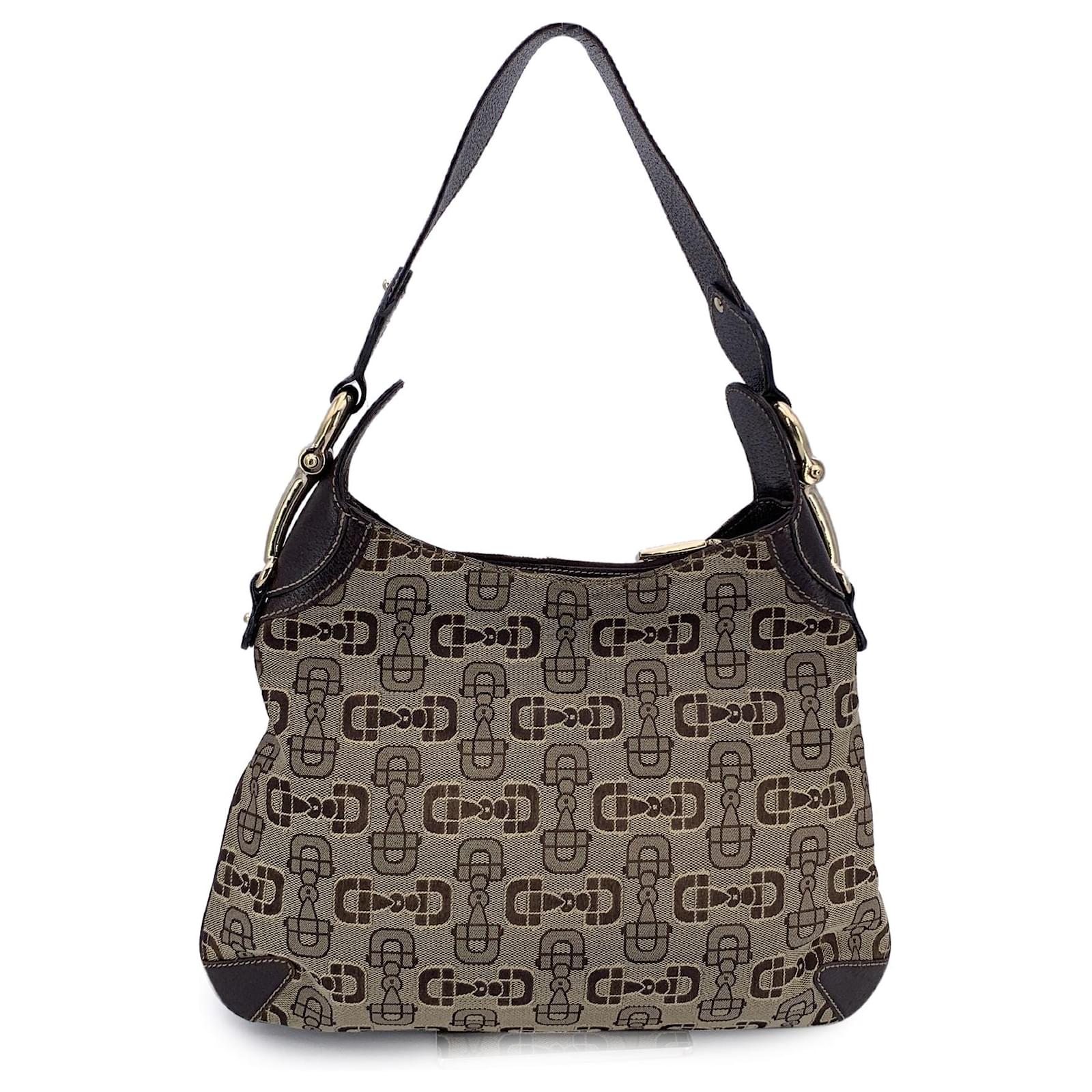 Gucci Beige and Brown Canvas Horsebit Print Hobo Shoulder Bag Cloth  ref.2324182