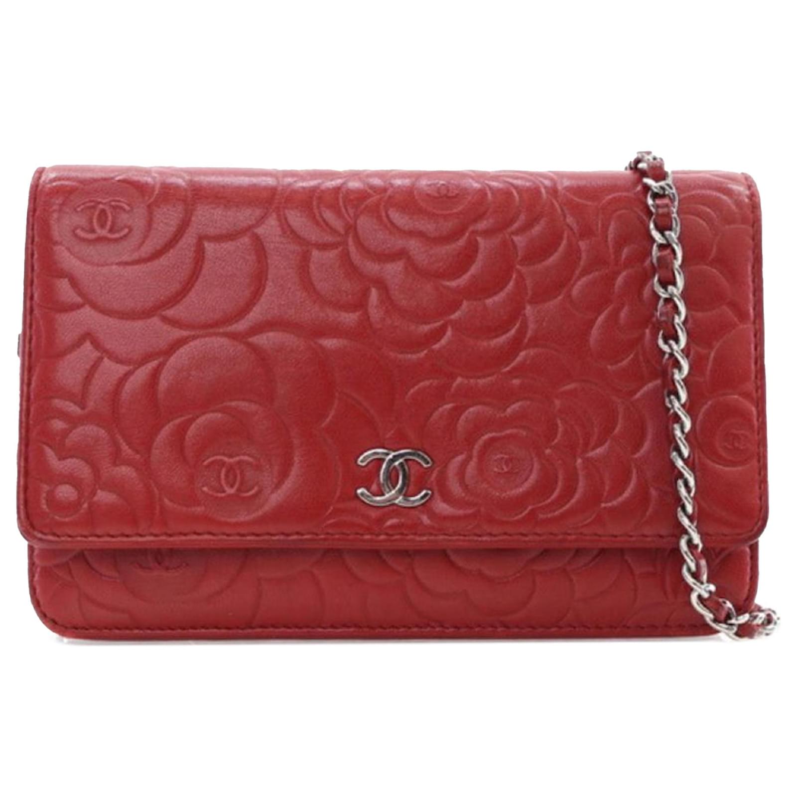 Chanel Red Embossed Lambskin Camellia Wallet On Chain Leather  ref.2327050