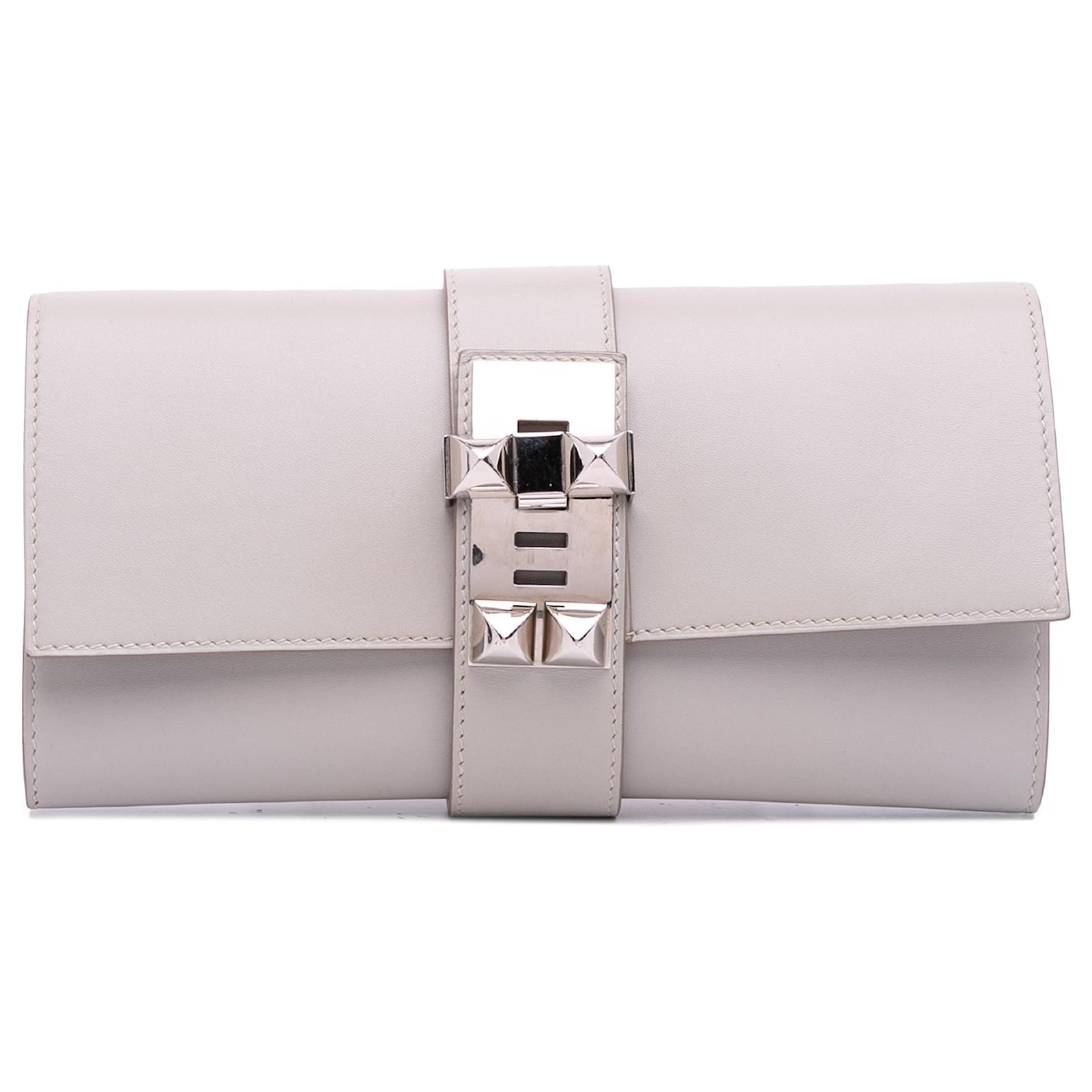 Hermès Gray Tadelakt Medor Clutch 23 Brown Grey Leather Pony-style calfskin  ref.2326967
