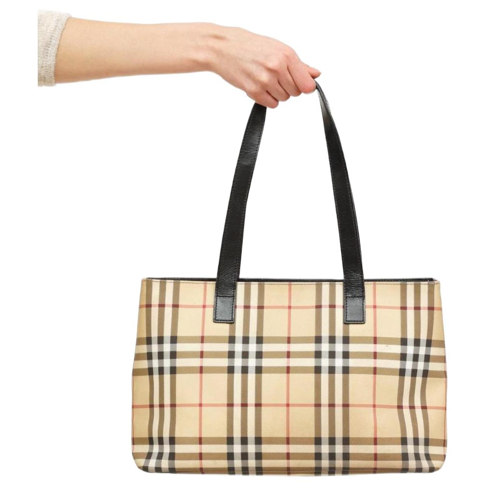 Burberry Vintage Check Tote Bag Black Beige Leather  ref.1973632