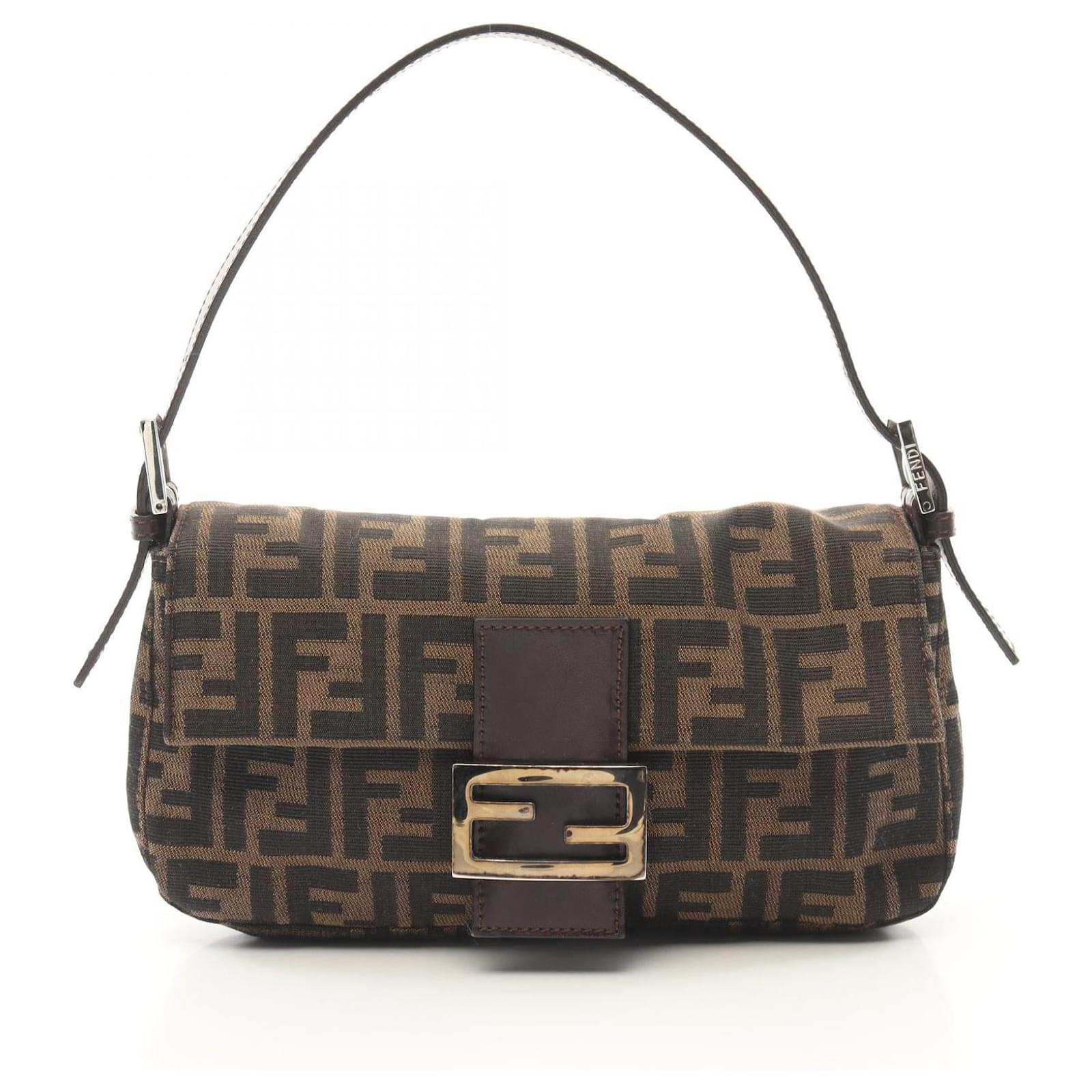 Fendi Mamma Baguette Canvas Leather Handbag Brown Cloth  ref.2326817