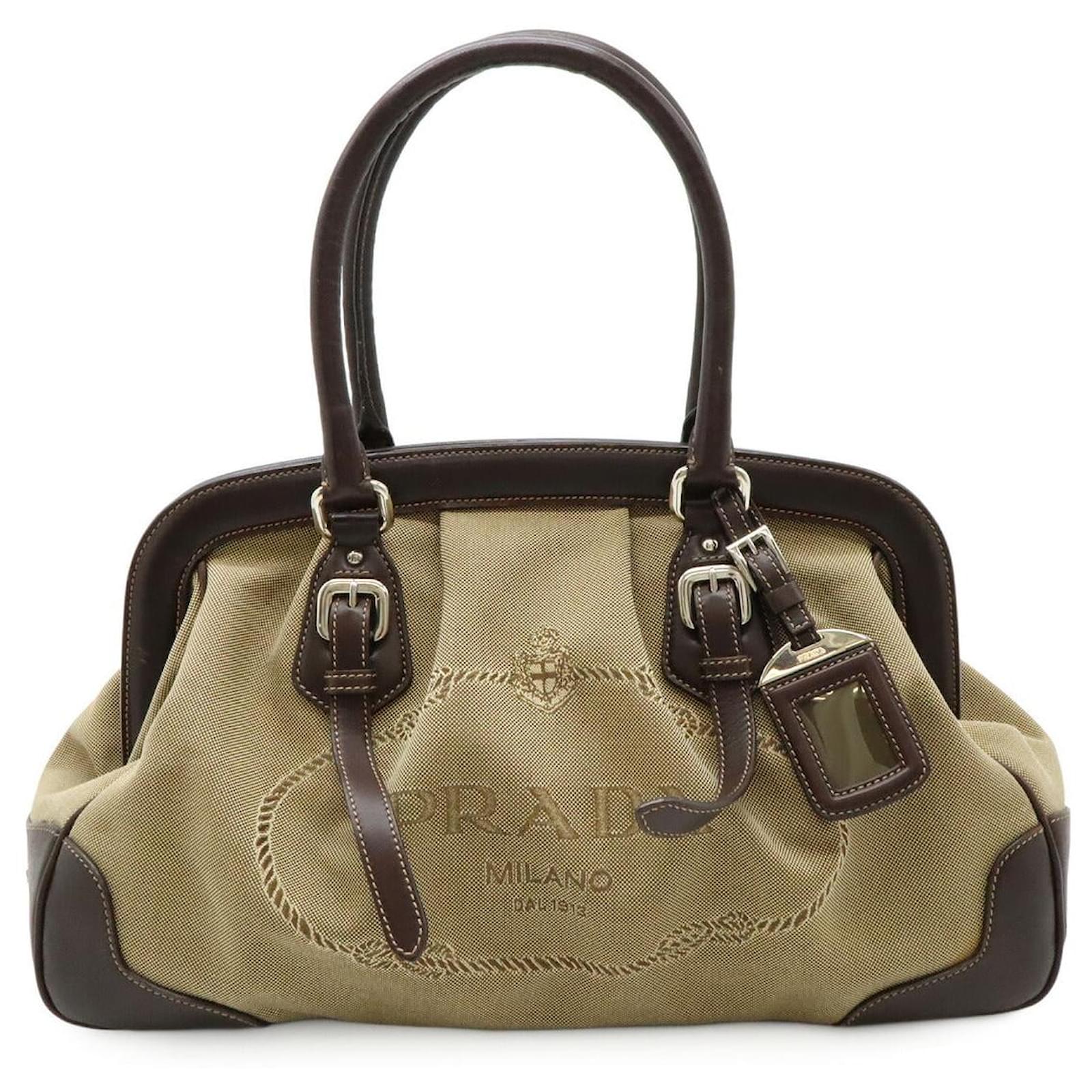 Prada Logo Jacquard Canvas Leather Handbag Brown Beige Cloth  ref.2326451