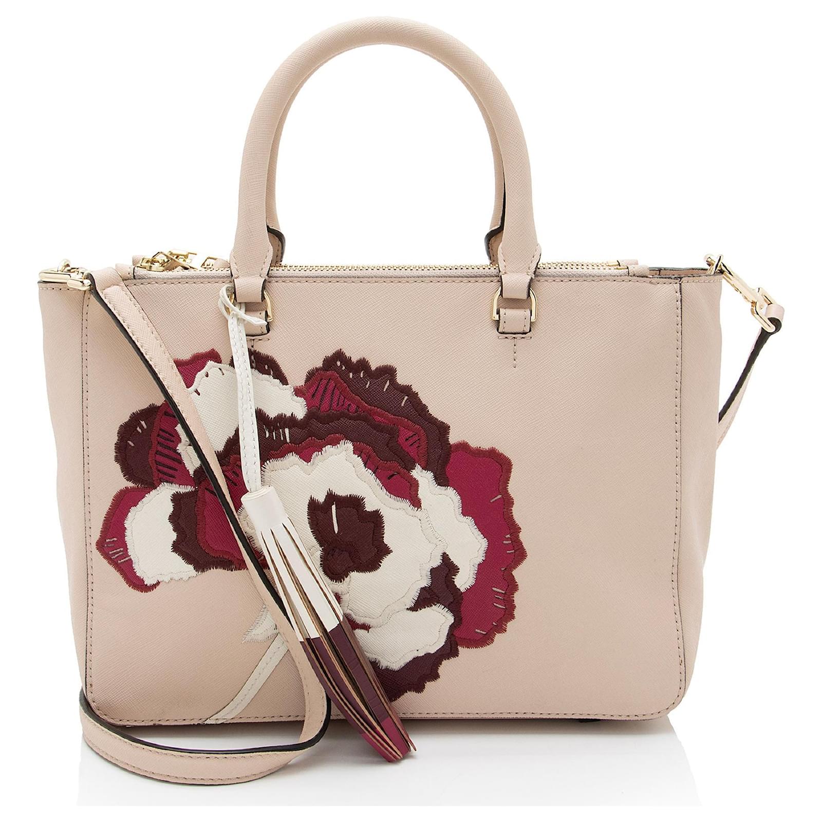 Tory Burch Leather Embroidered Floral Robinson Small Tote Pink  ref.2326267
