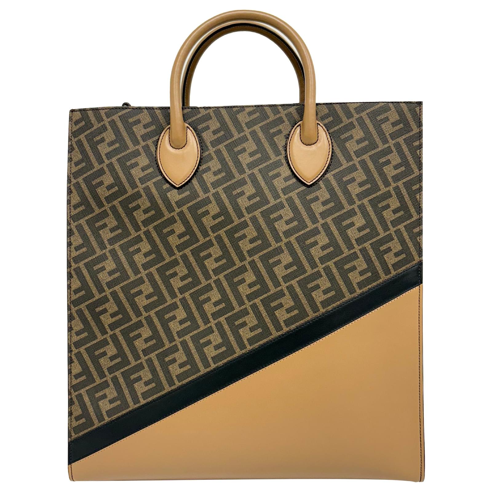 Fendi Zucca Vertical Tote Bag in Brown Coated Canvas Red Leather  ref.2326034
