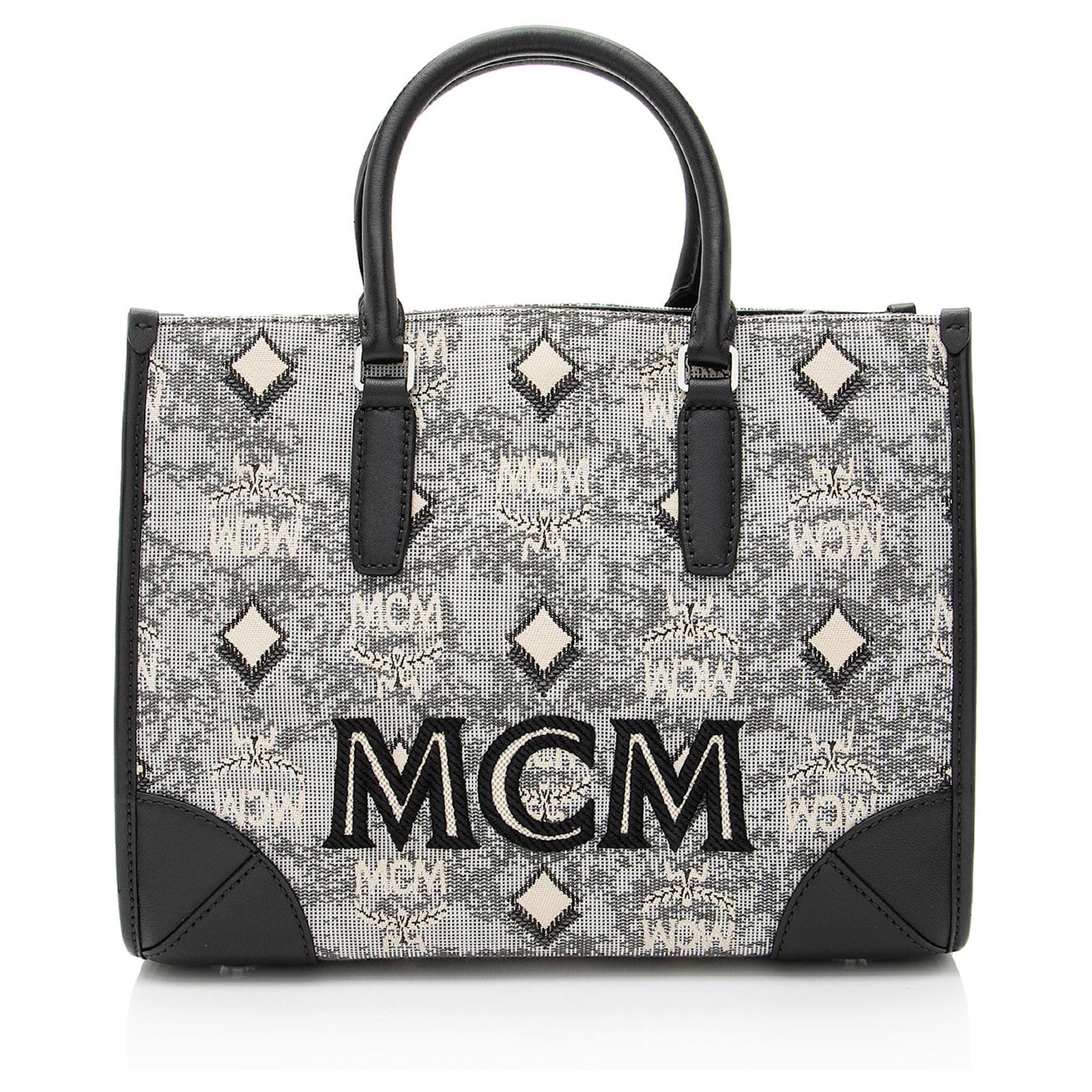 MCM Vintage Monogram Jacquard Small Tote Black Leather  ref.2325878