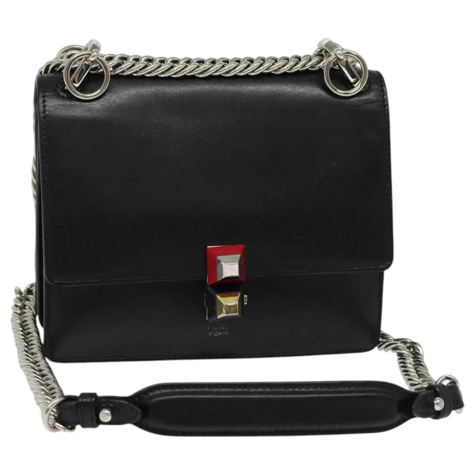 FENDI Canai Chain Shoulder Bag Leather Black Silver Auth bs26937 Silvery  ref.2325457