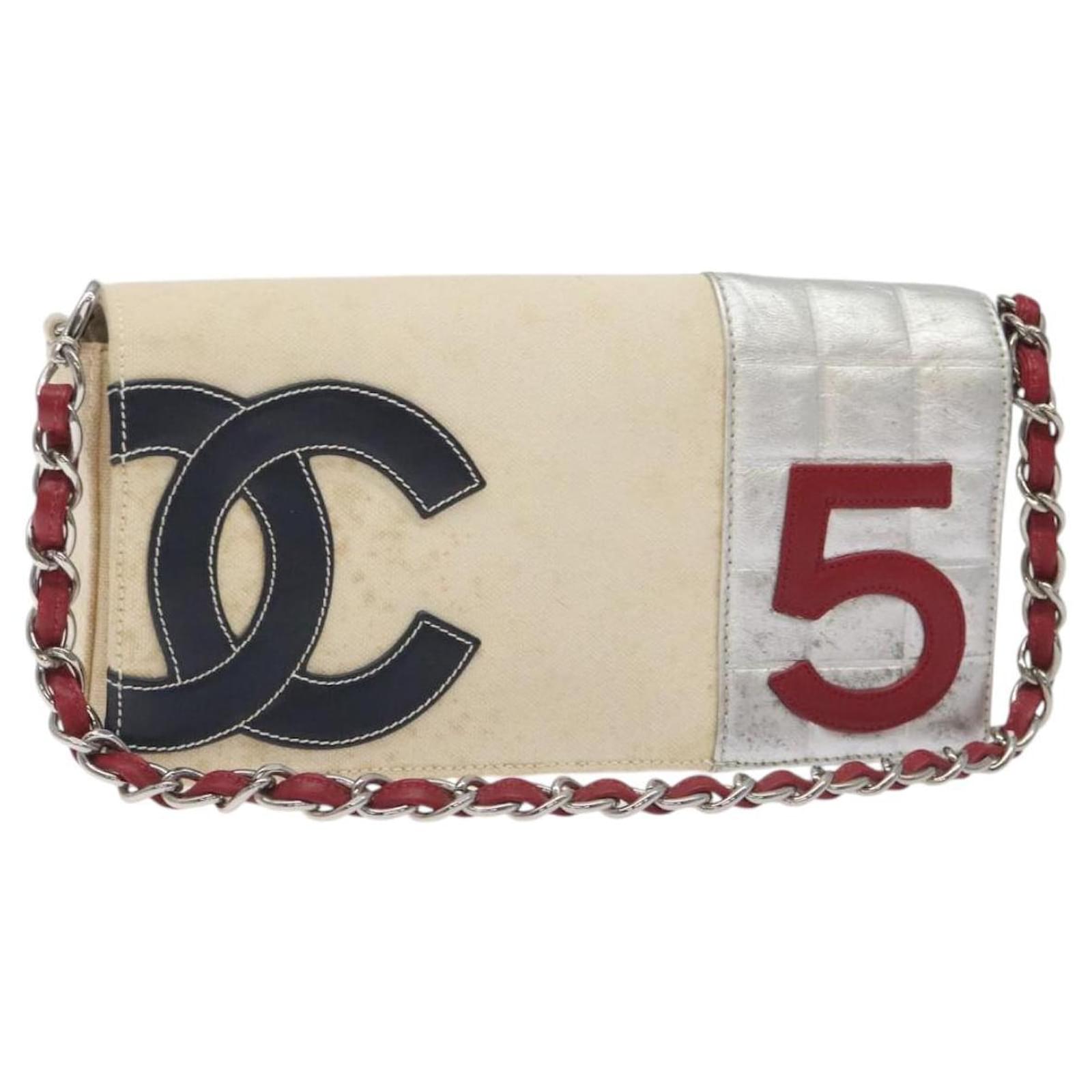 CHANEL Choco Bar Chain Shoulder Bag No5 Canvas Ivory Silver CC Auth 127513 Silvery Cream Cloth  ref.2325455