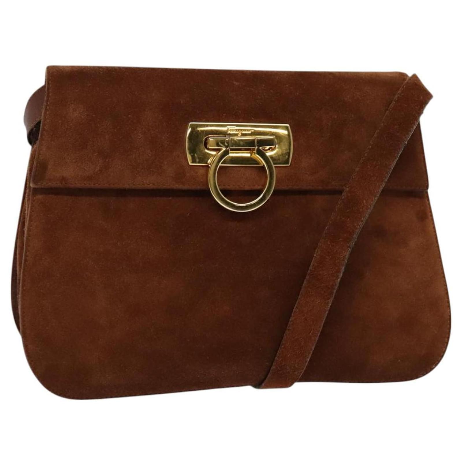 Salvatore Ferragamo Gancini Shoulder Bag Suede Brown Gold Auth 127422 Golden  ref.2325404