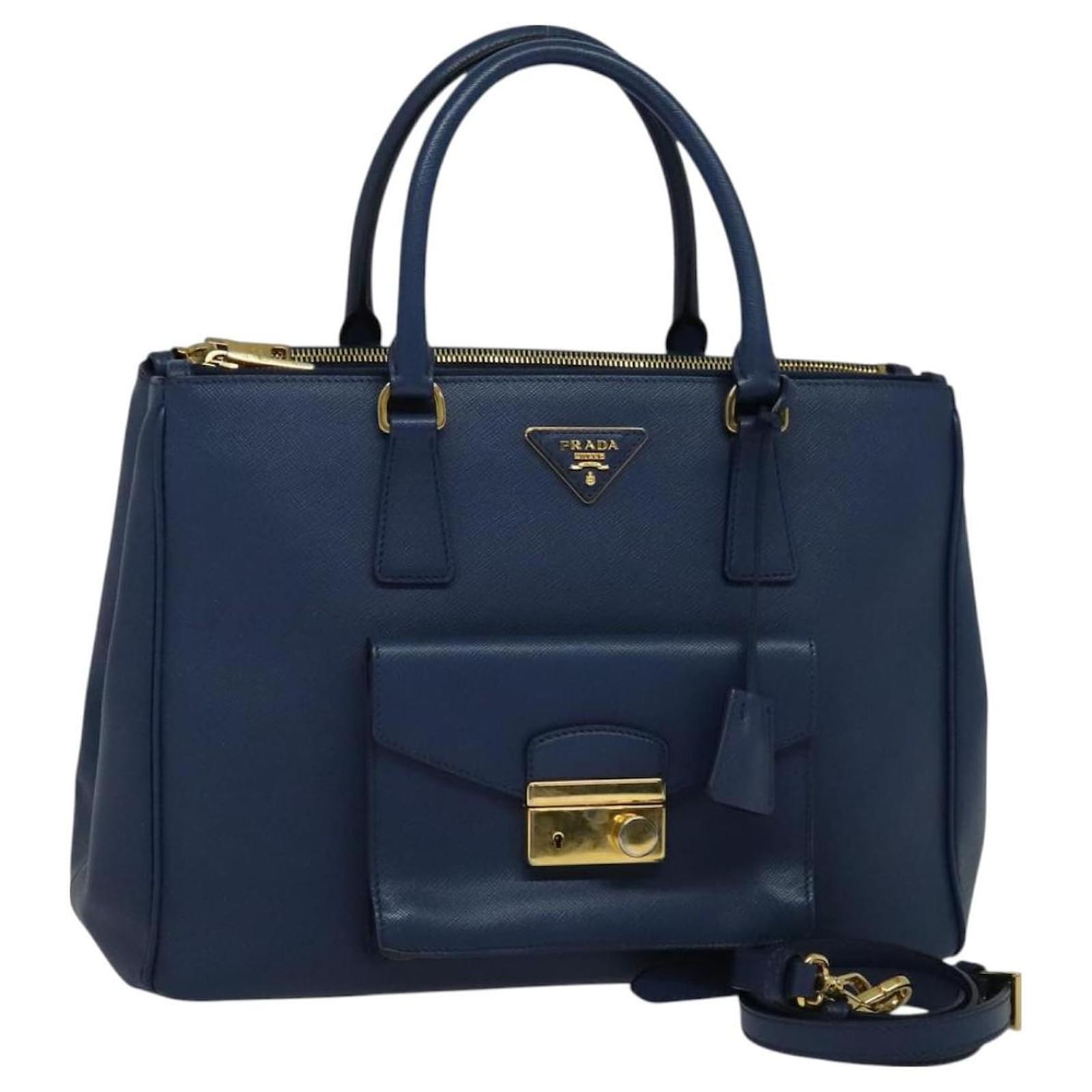 Saffiano PRADA Hand Bag Safiano leather 2way Blue Gold Auth 125760 Golden  ref.2325385